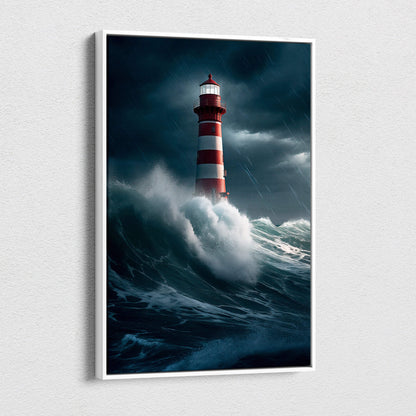 Red and white striped lighthouse wall art showing dramatic ocean seascape with crashing waves and heavy rain