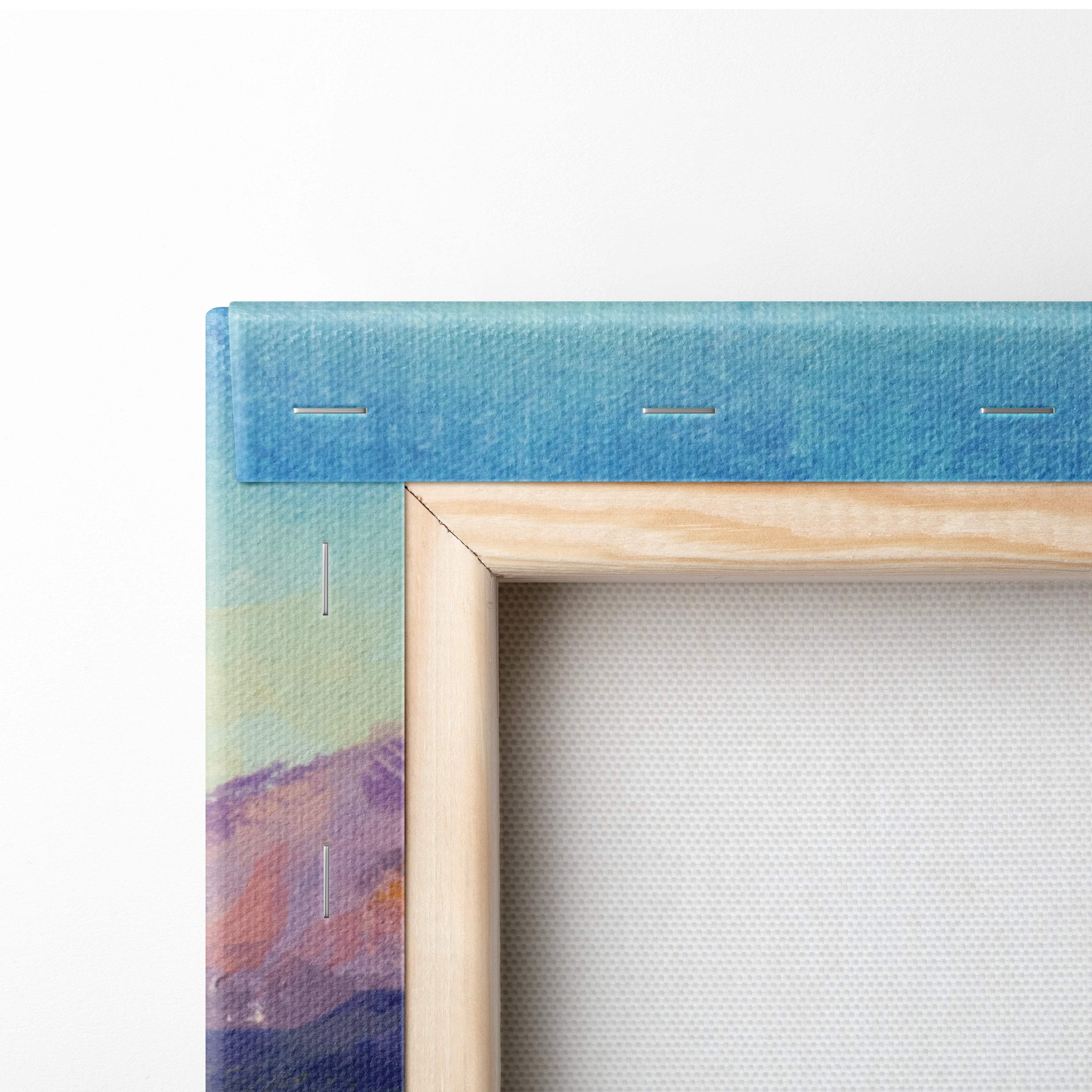 A light wood-framed canvas painting with a blue green purple gradient stitched along the top edge for wall art