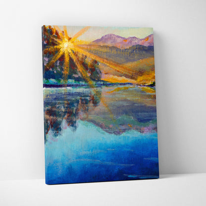 Vibrant impressionist canvas print of radiant golden sunburst over purple mountains reflected in deep blue water