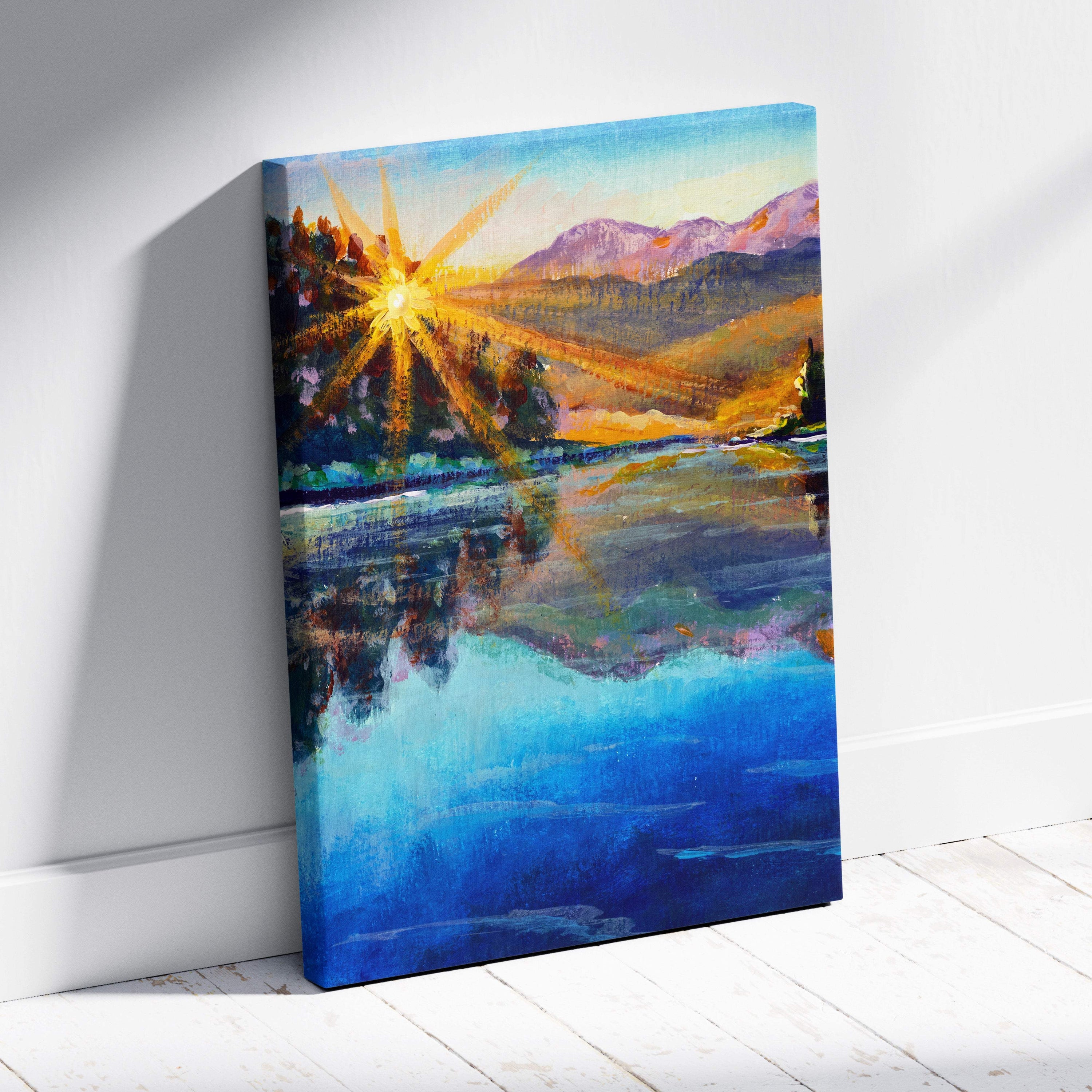 Radiant sunrise lake painting style wall art canvas print featuring a golden sunburst over reflective water and mountains