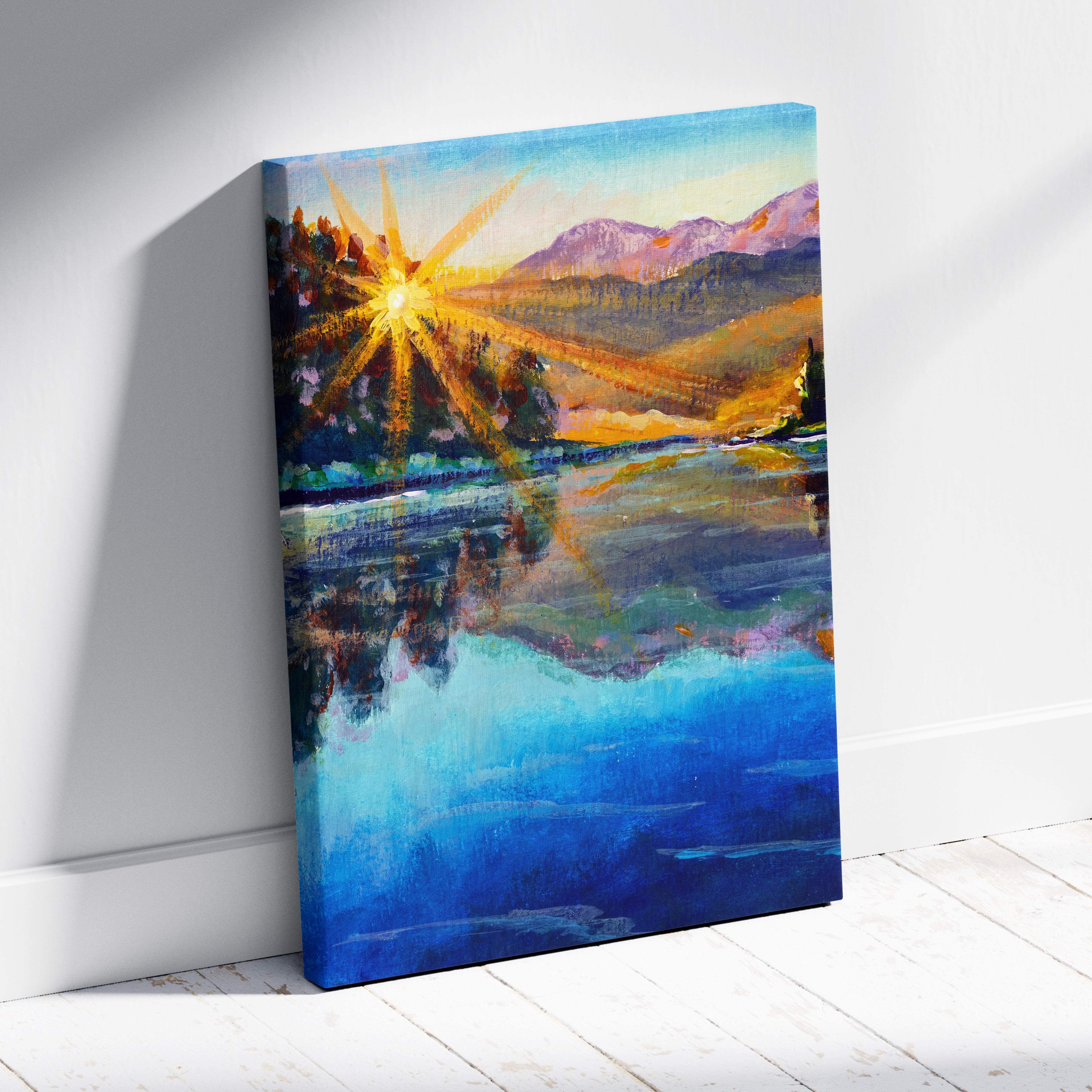 Radiant sunrise lake painting style wall art canvas print featuring a golden sunburst over reflective water and mountains