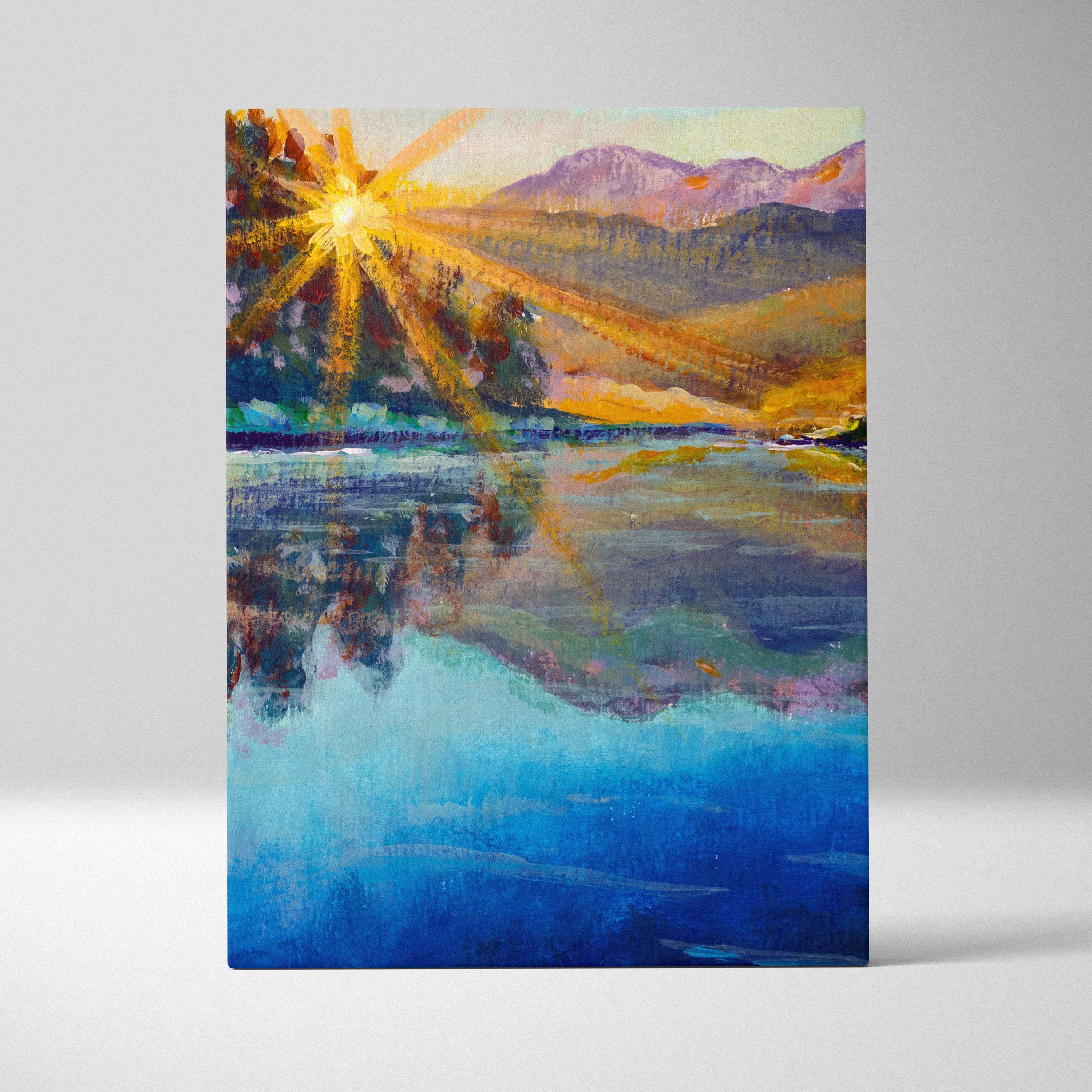 Vibrant impressionist canvas print depicting a radiant golden sunburst over mountains reflected in deep blue water