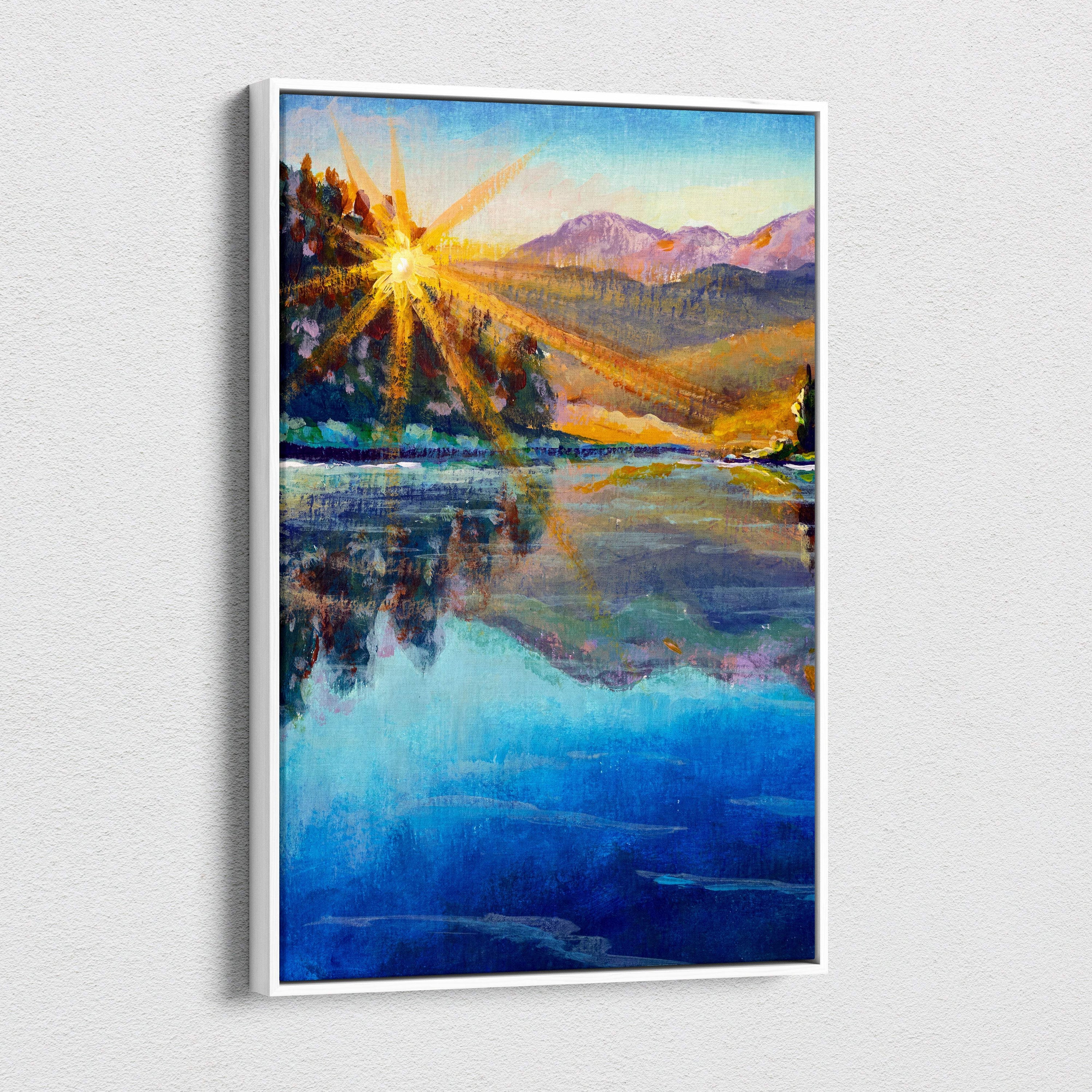 A vibrant abstract landscape painting in a white frame featuring golden sun rays over mountains and reflective blue water