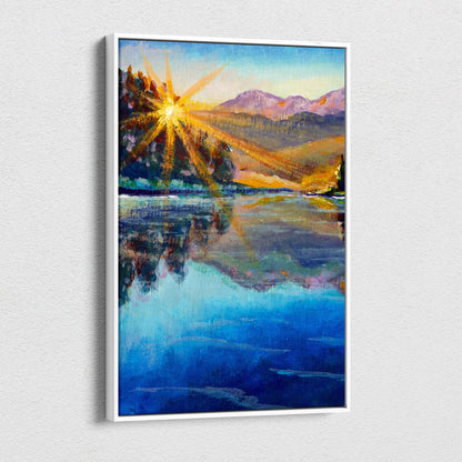 A vibrant abstract landscape painting in a white frame featuring golden sun rays over mountains and reflective blue water