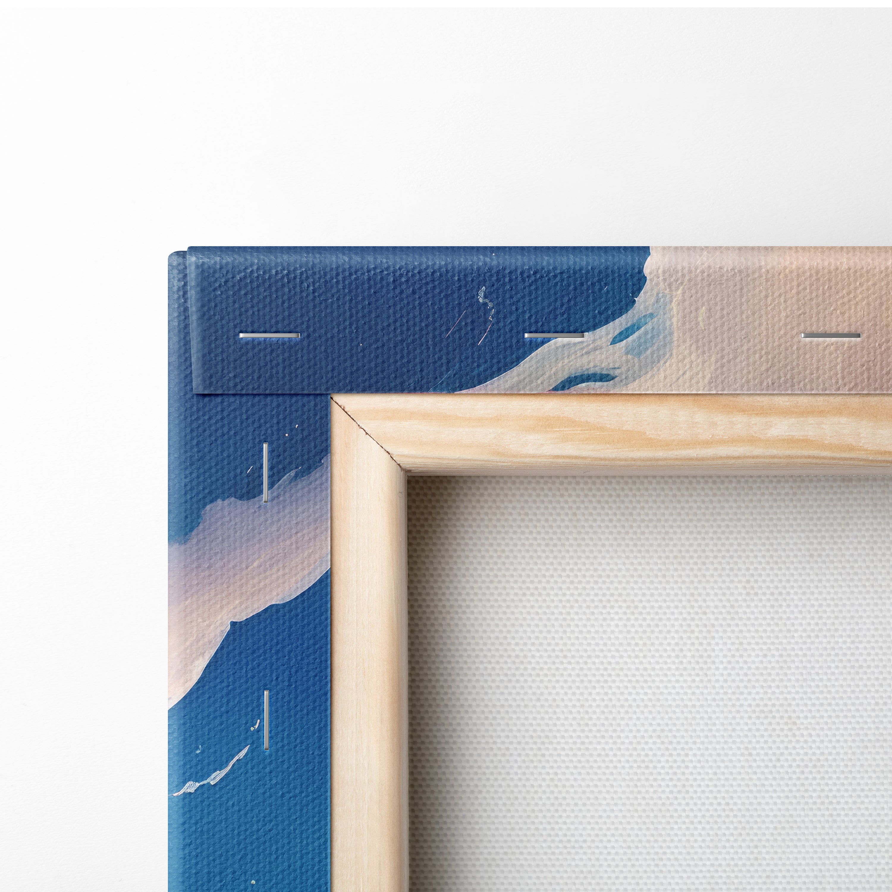 Minimalist blue and beige textured canvas painting with light wood frame dreamy abstract sky decor for modern rooms