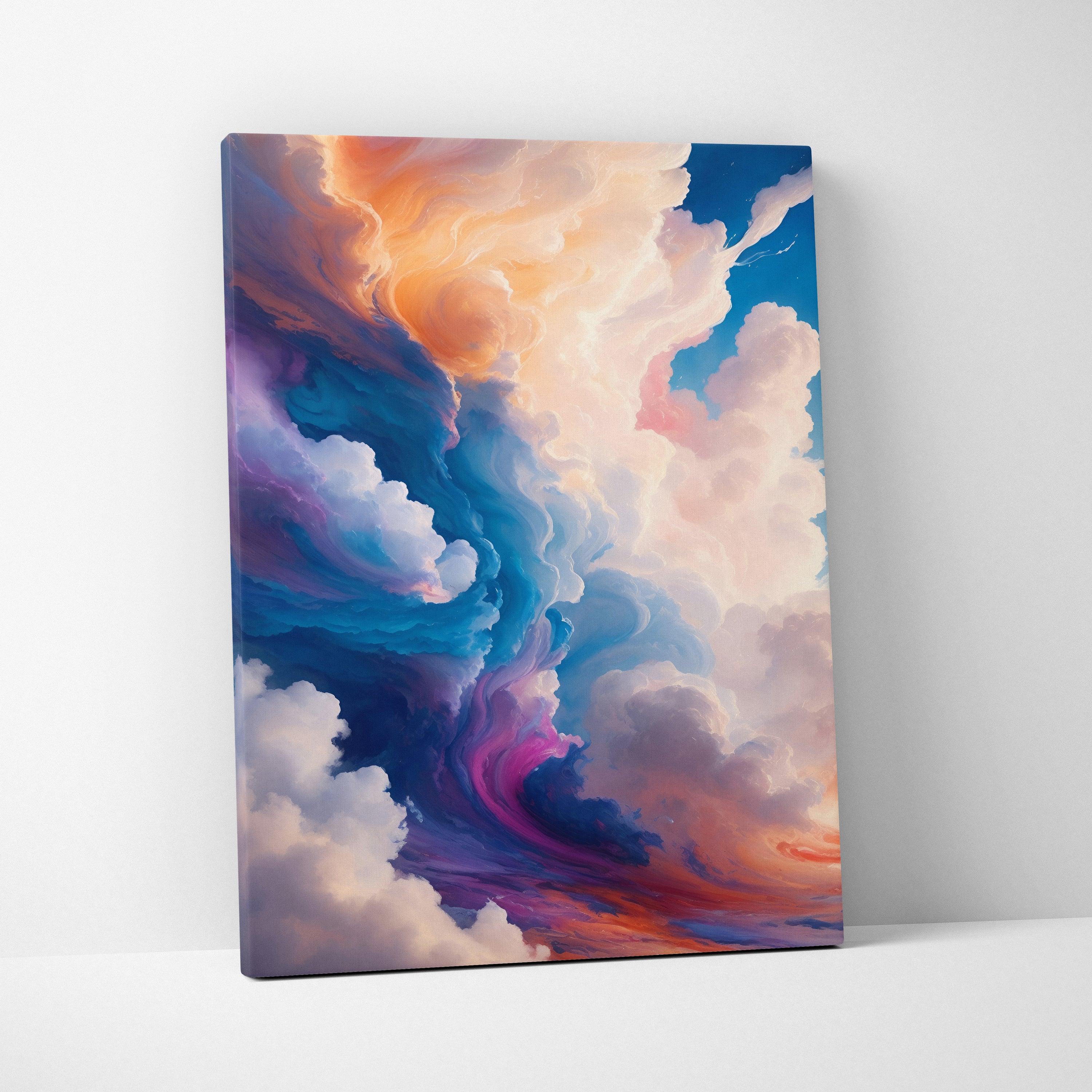 Vibrant abstract cloud canvas print with swirling orange purple blue and pink hues for modern bedroom decor