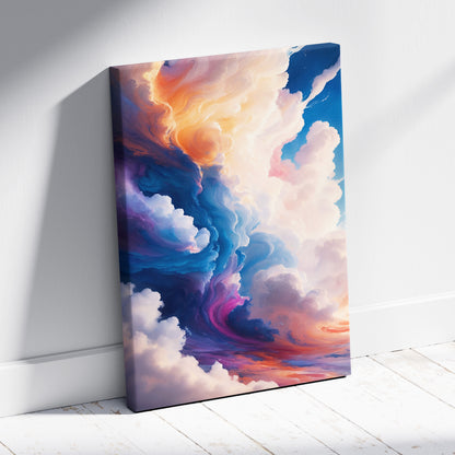 Vibrant blue pink cloudscape canvas wall art with swirling orange purple and blue clouds for modern bedroom decor