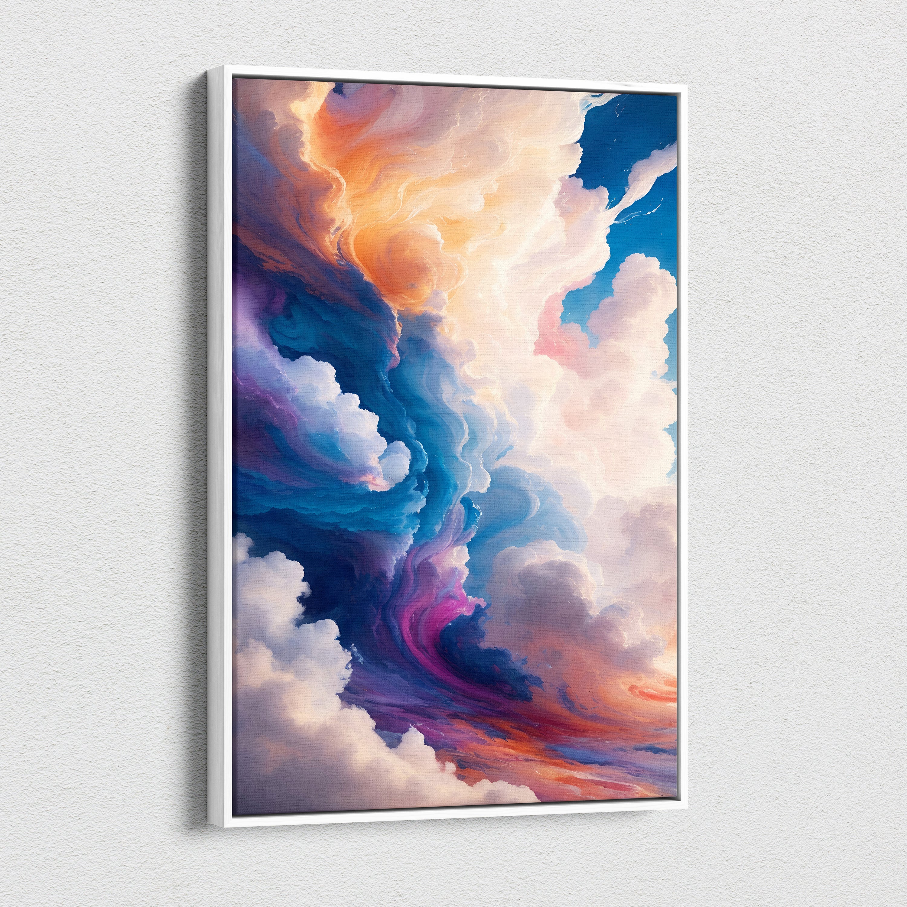 Blue pink cloudscape canvas wall art painting featuring a vibrant abstract sky in a sleek white frame for modern decor