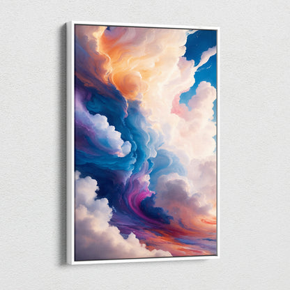 Blue pink cloudscape canvas wall art painting featuring a vibrant abstract sky in a sleek white frame for modern decor