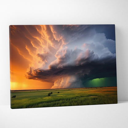 Canvas print of an epic supercell storm with fiery orange and deep blue clouds above a green field wall decor