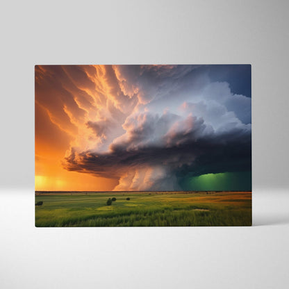 Epic supercell storm canvas art with fiery orange and deep blue sky lightning over green field wall decor