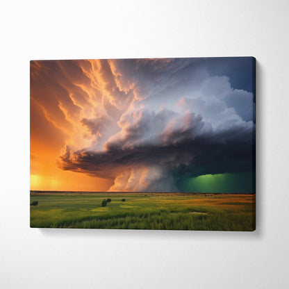 Vibrant canvas print of epic supercell storm with fiery orange and deep purple clouds and electric green lightning bolt above green field