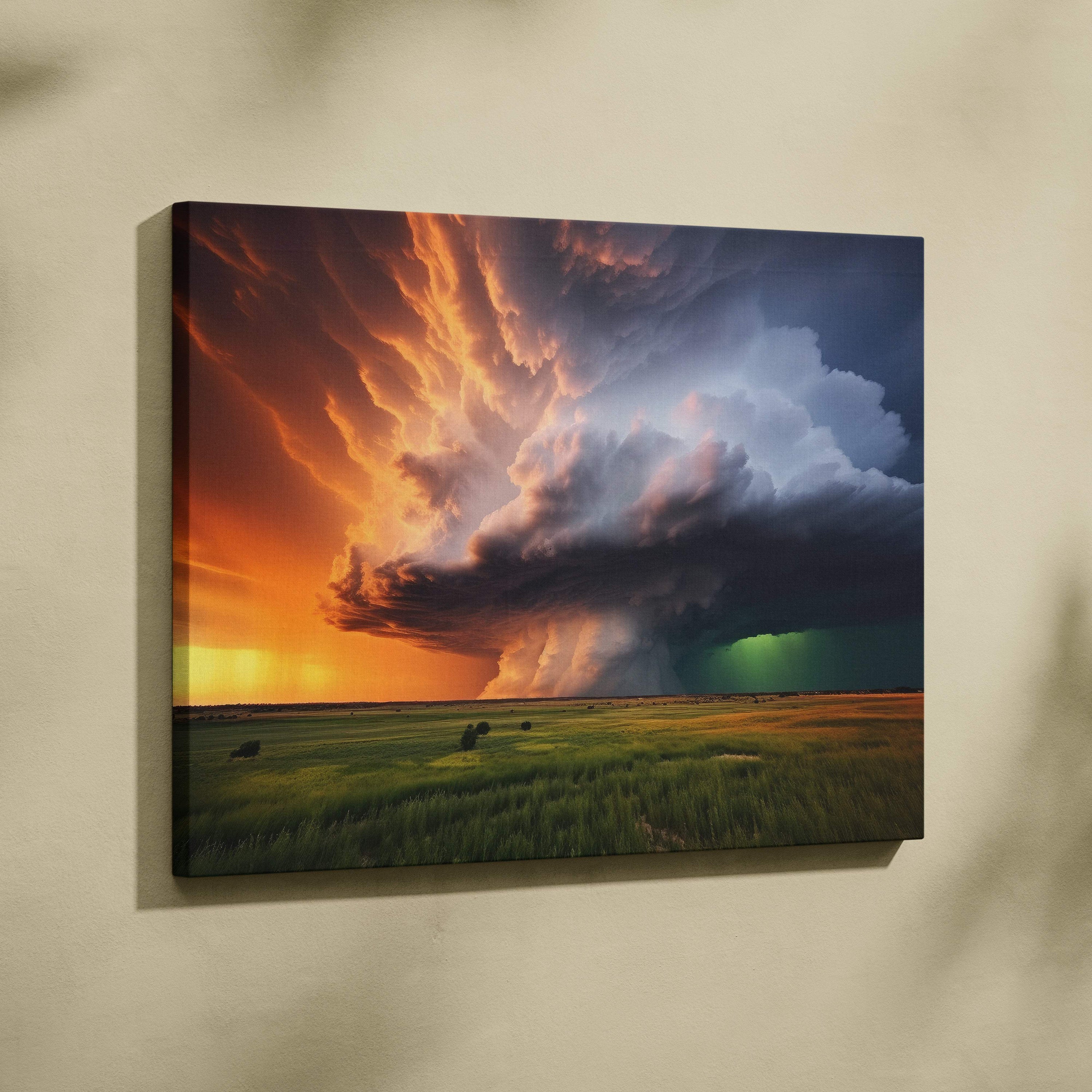 Epic supercell storm canvas art featuring a fiery orange and deep blue sky with dramatic clouds over a green field