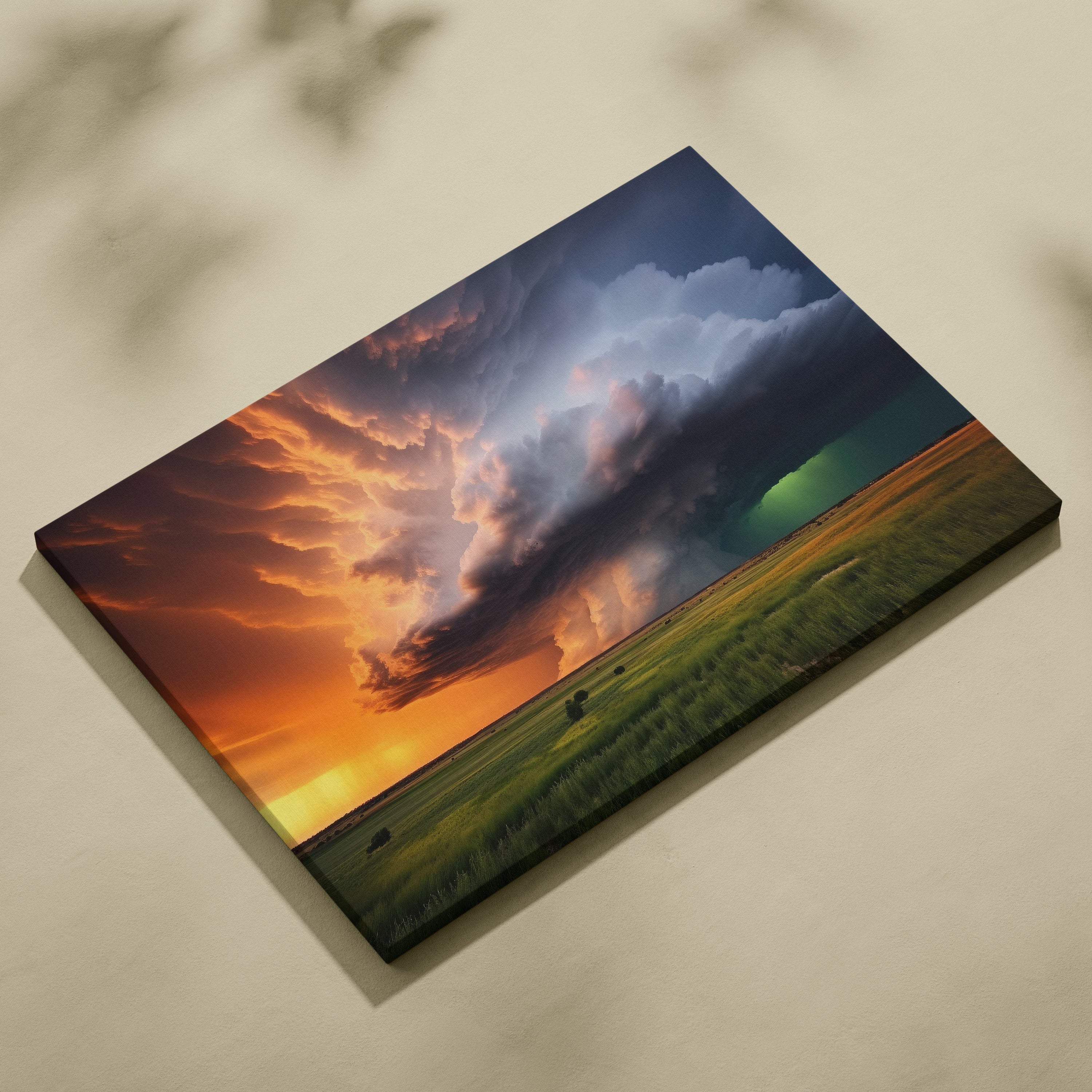 Rectangular canvas print of epic supercell storm with fiery orange and deep purple clouds over a green field mounted on light surface