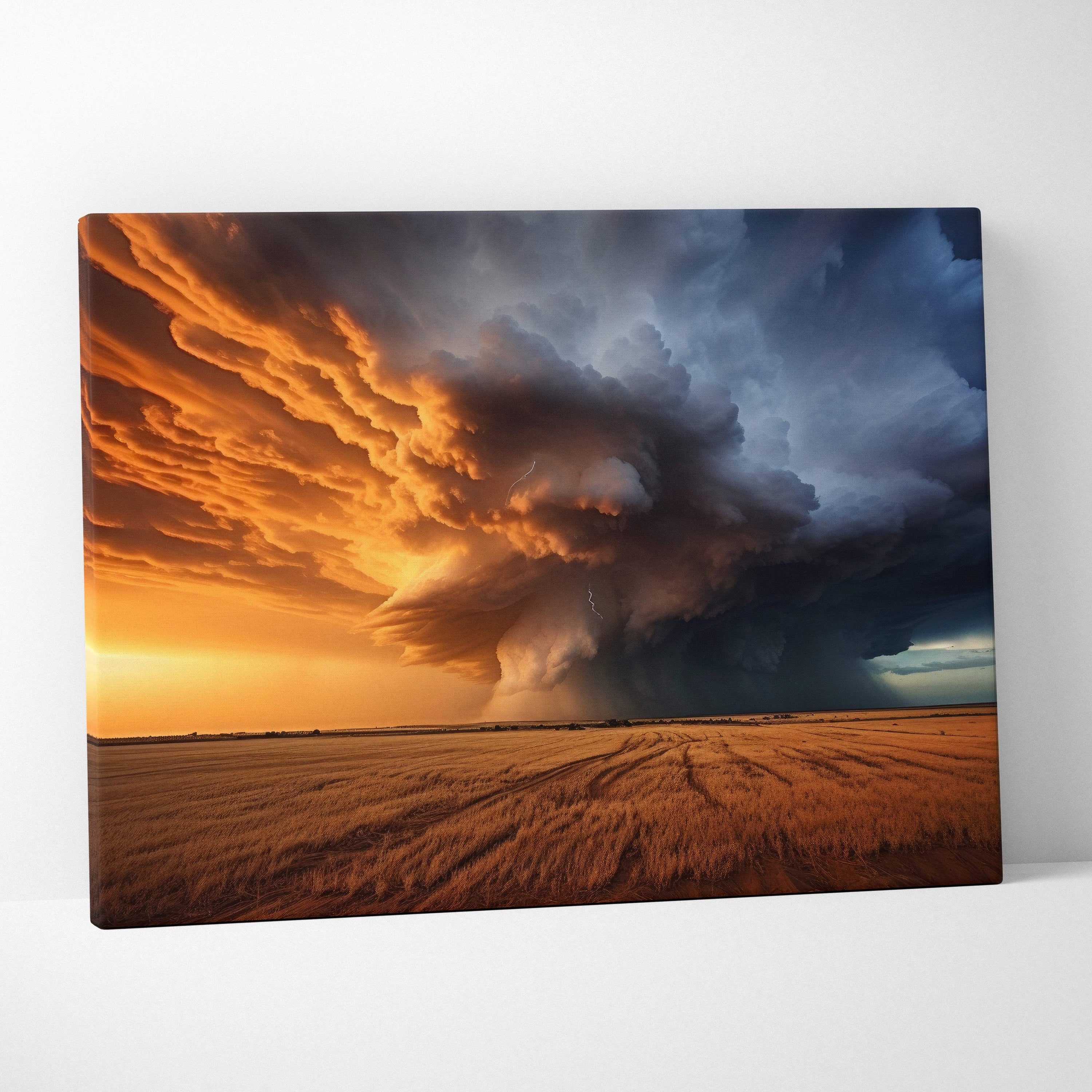 Canvas print of a dramatic massive supercell storm with fiery orange sunset and deep blue thunderclouds over wheat field