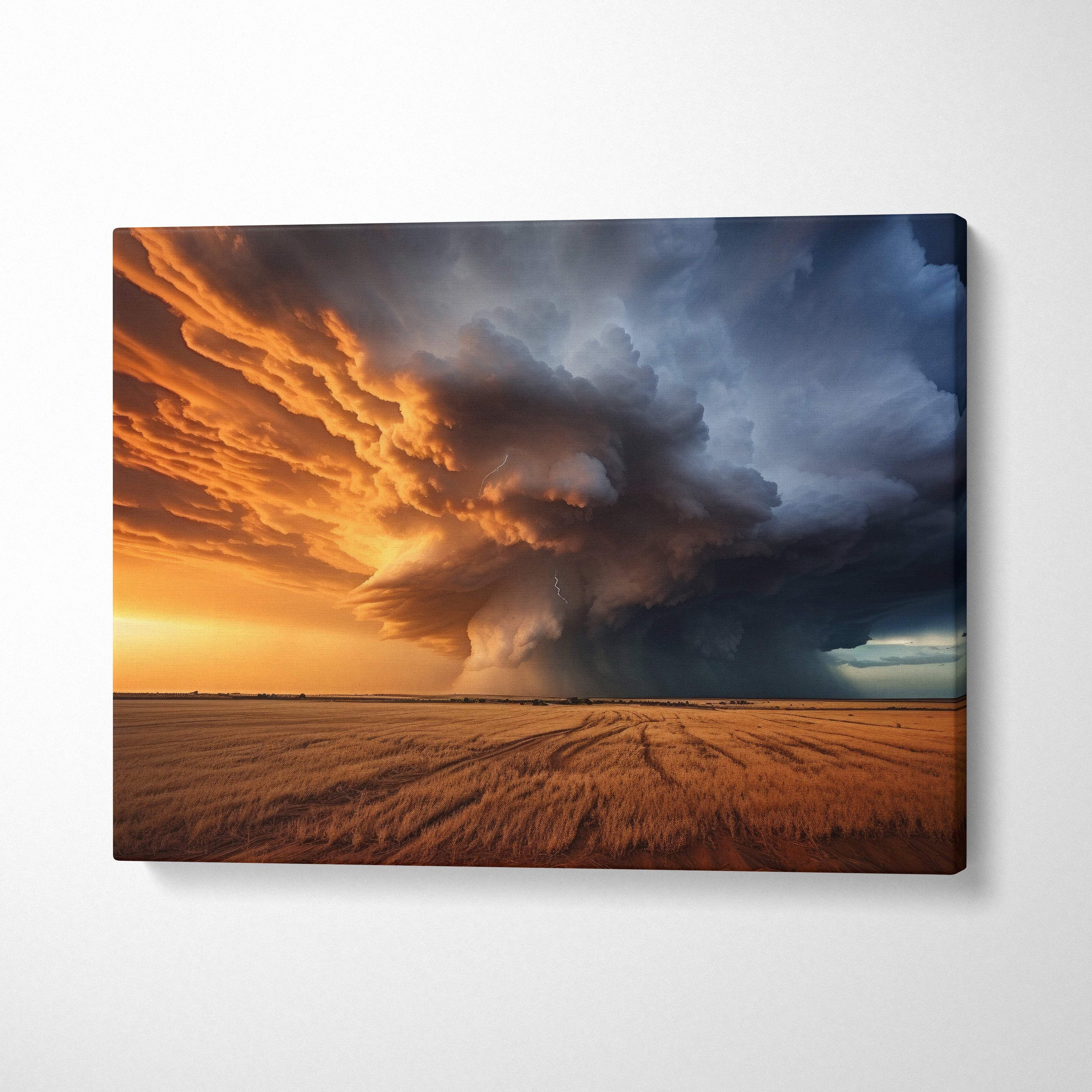 Canvas print of a massive supercell storm with fiery orange sunset and deep blue thunderclouds over a golden wheat field