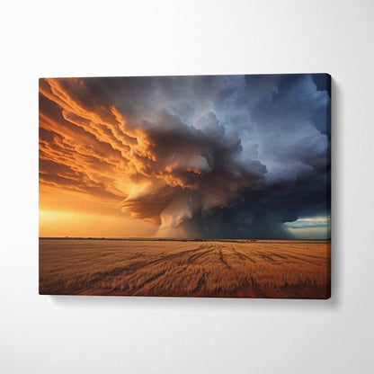 Canvas print of a massive supercell storm with fiery orange sunset and deep blue thunderclouds over a golden wheat field