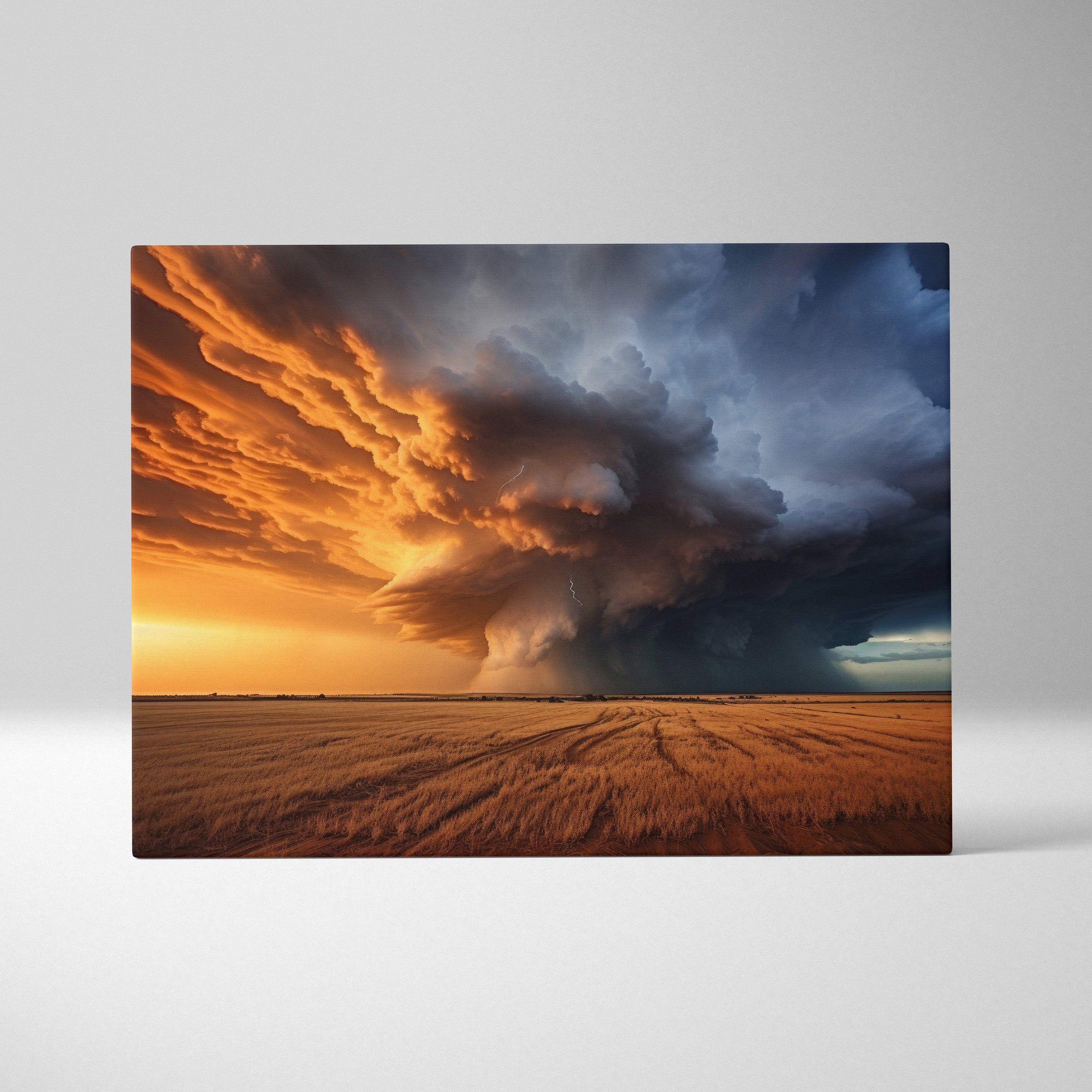 A rectangular canvas print of a massive supercell storm with fiery orange sunset and deep blue thunderclouds over wheat field