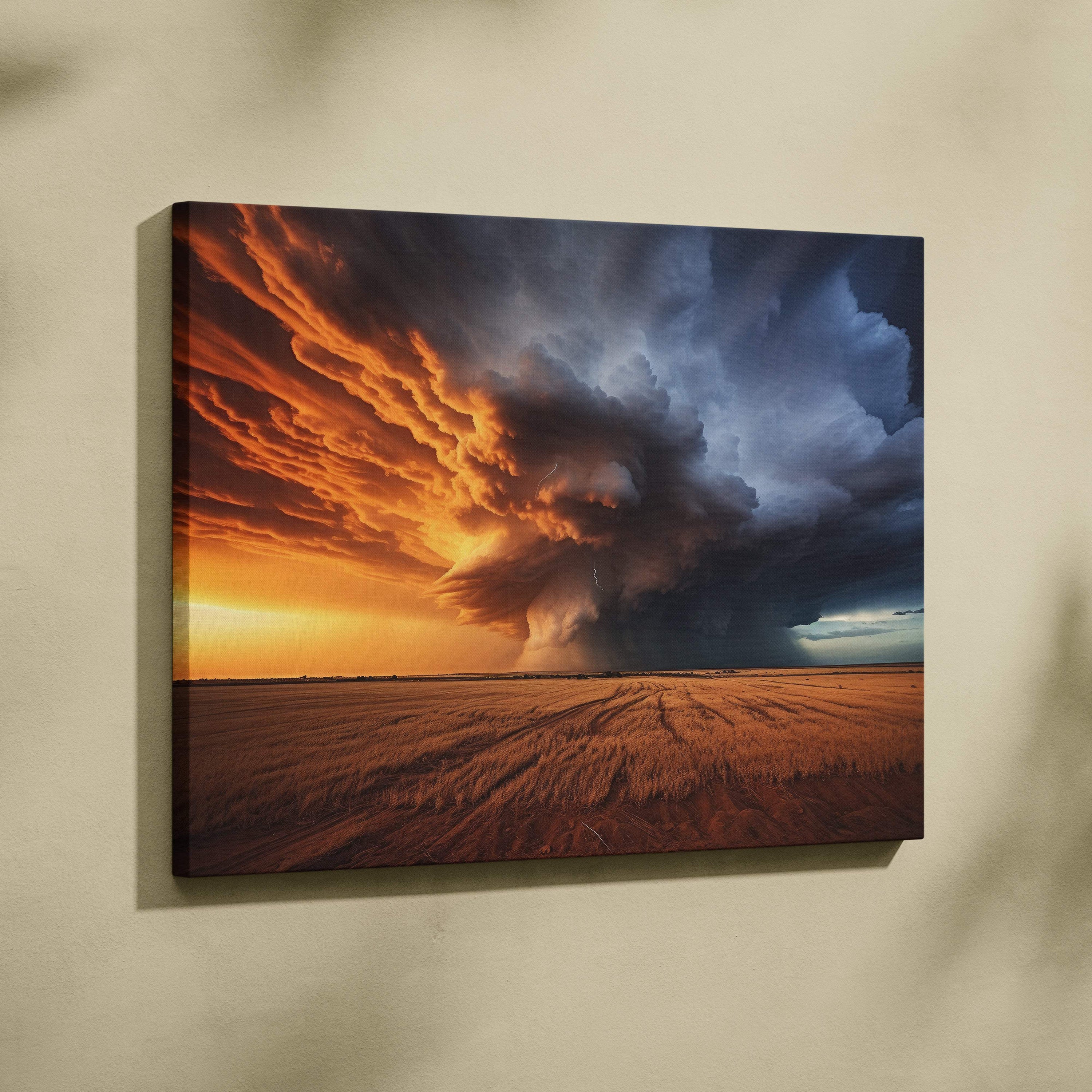 A canvas print of a massive supercell storm with fiery orange sunset and deep blue thunderclouds over a golden wheat field