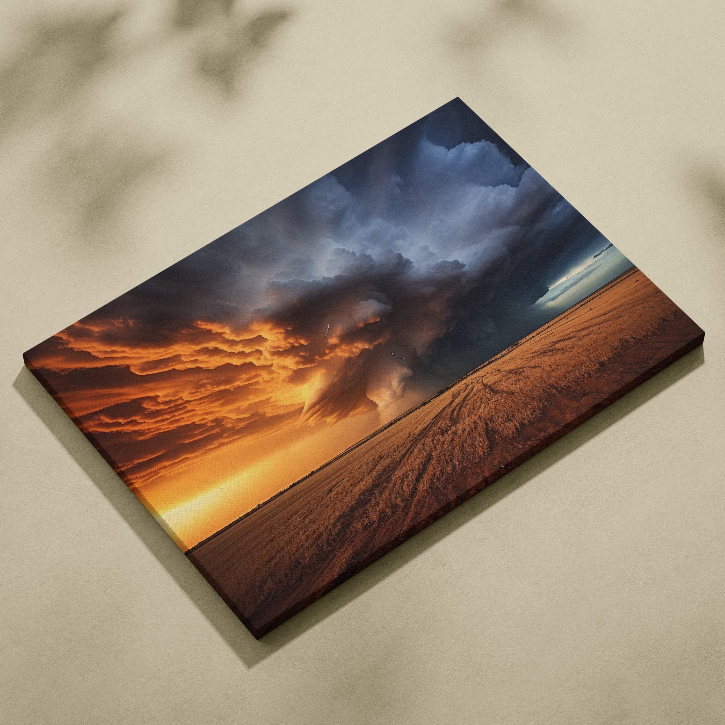 Canvas print featuring a massive supercell storm with fiery orange sunset and deep blue thunderclouds over desert