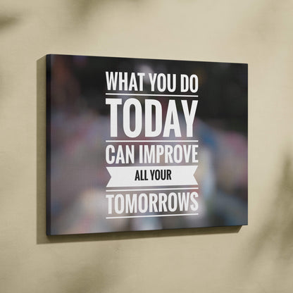 Black canvas print wall art featuring a motivational quote in bold white lettering with a ribbon banner design