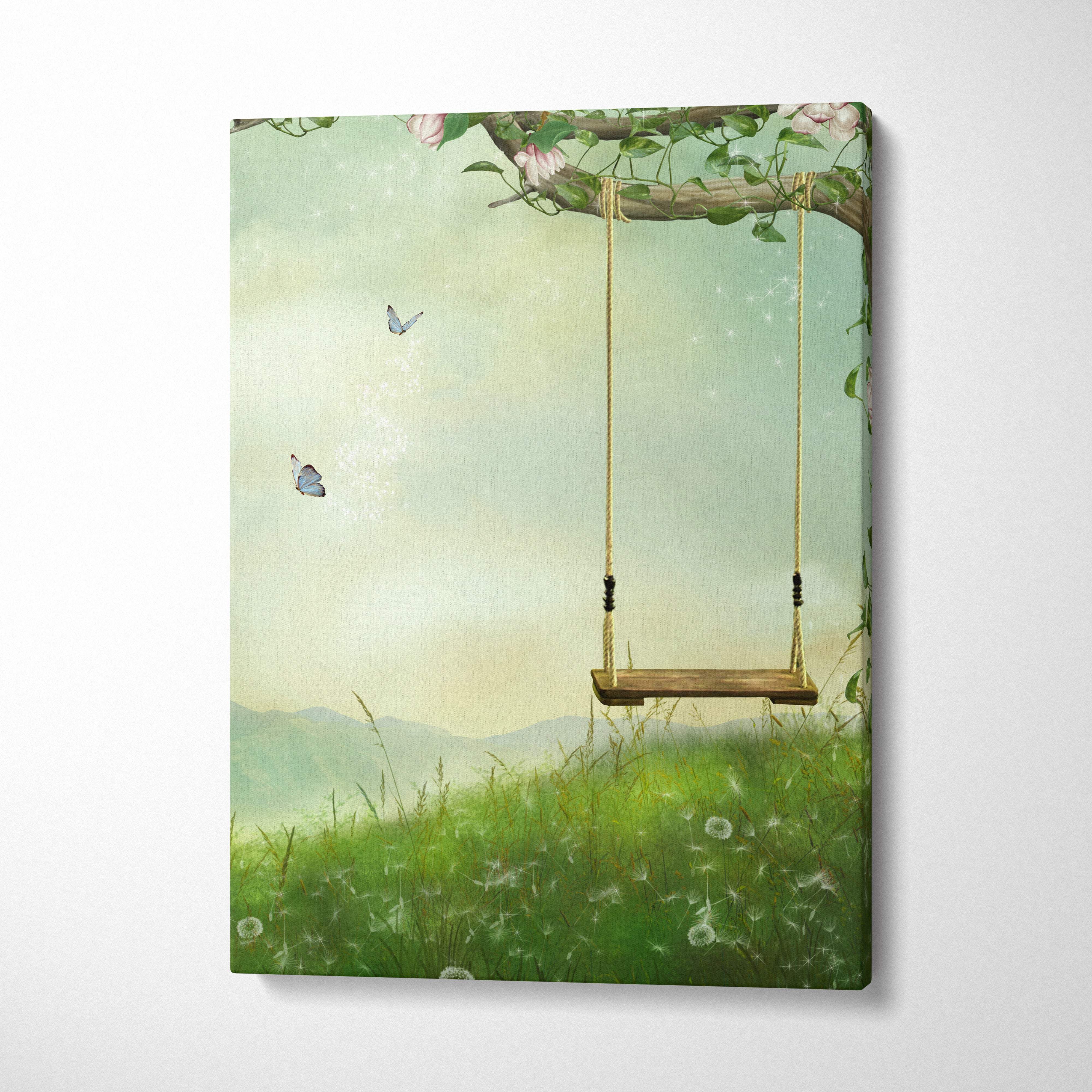 Wooden swing with rope straps and black beads hanging from green floral tree in dreamy sage meadow canvas wall art
