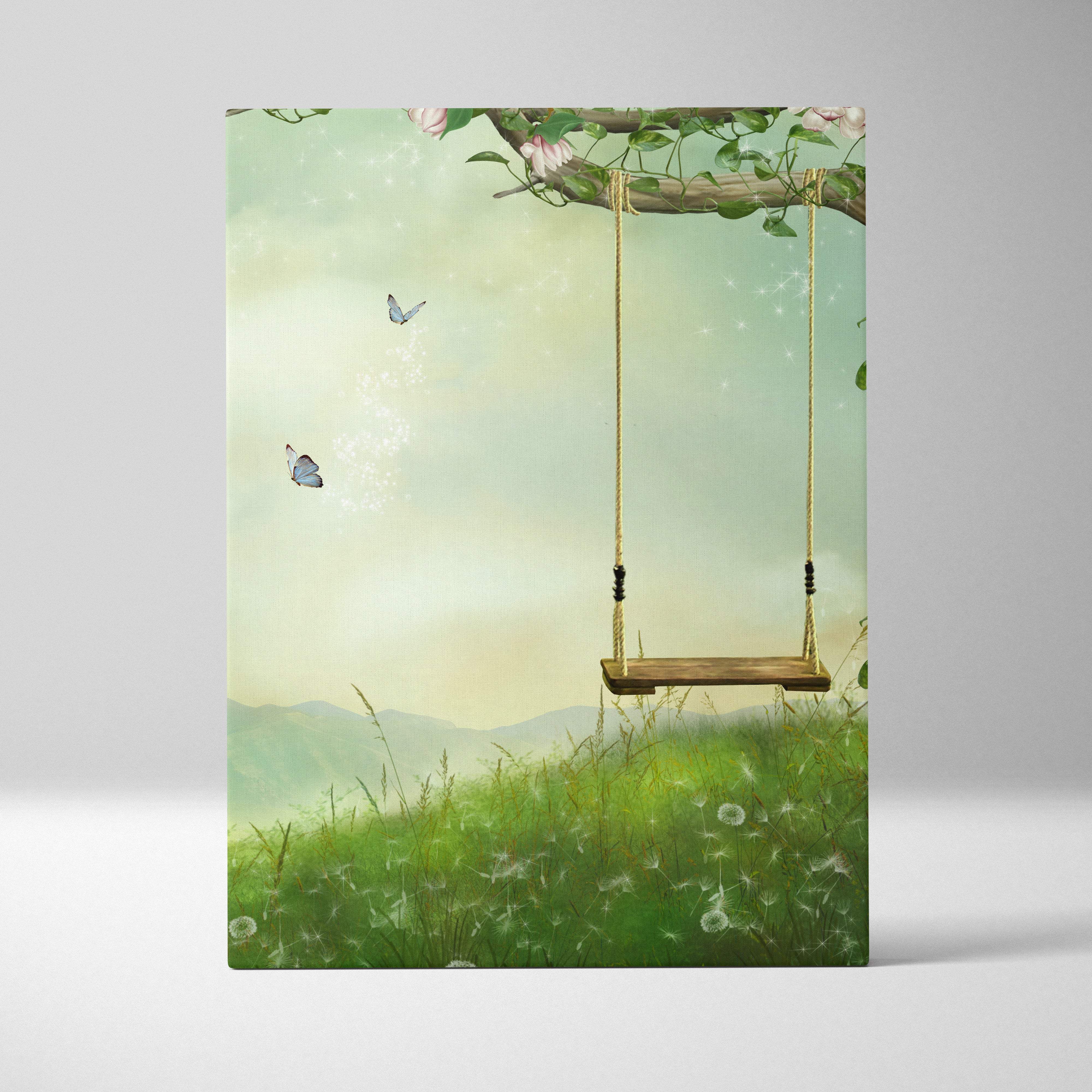 Green floral tree swing canvas wall art with wooden swing golden ropes and black beads over grassy dandelion field
