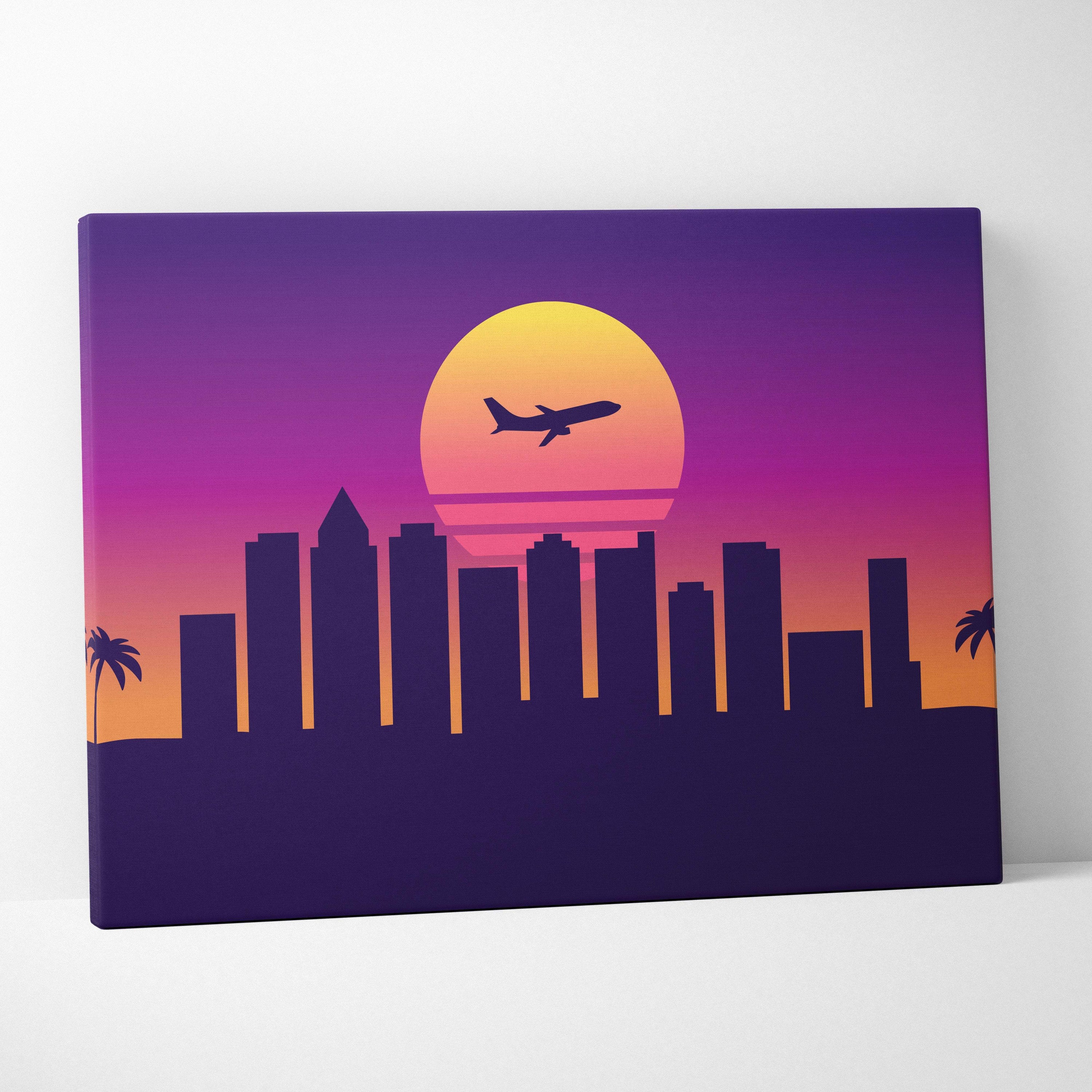 Retrowave city skyline canvas art print with vibrant purple orange gradient sunset airplane silhouette palm trees