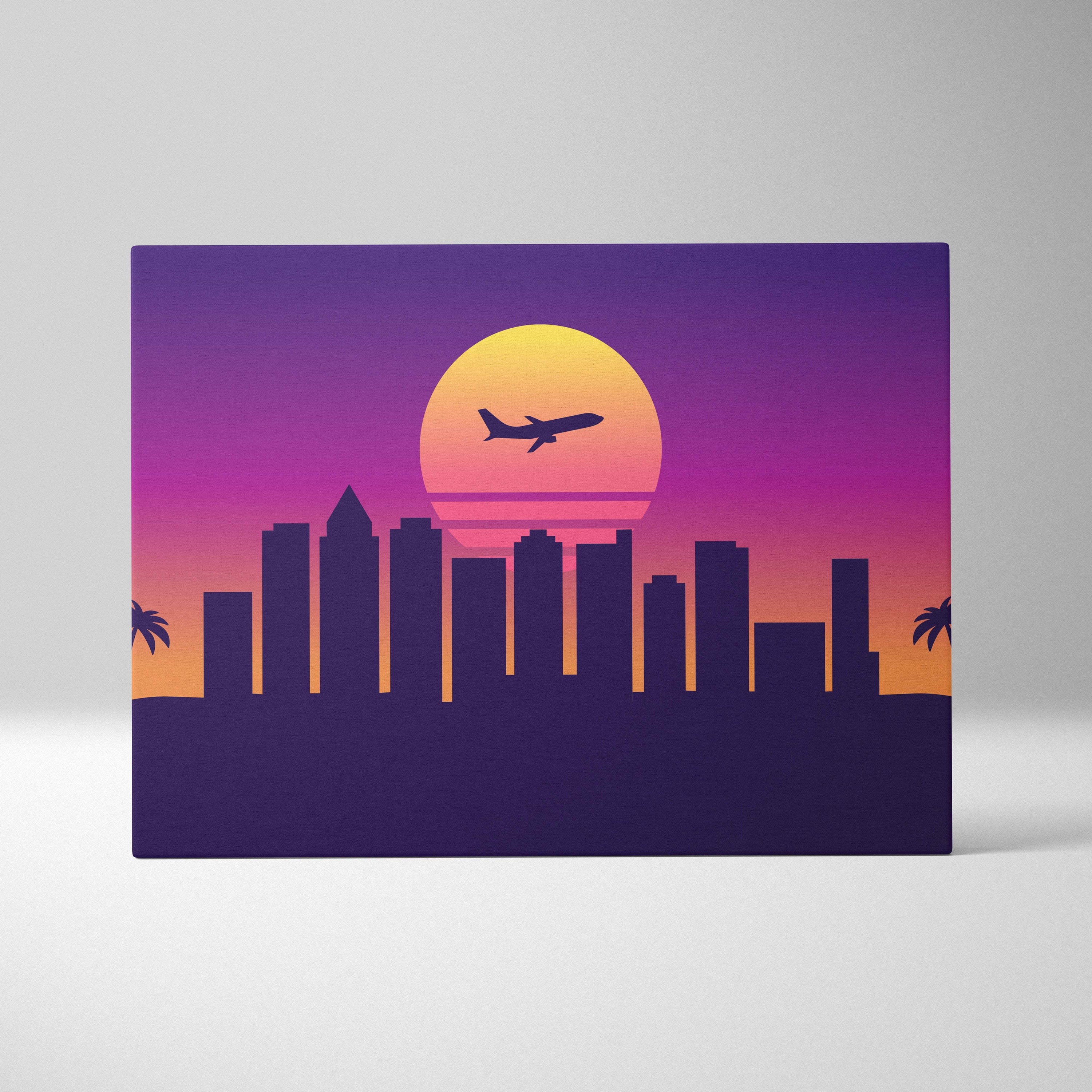 Vibrant retro-style canvas print of a vaporwave airplane sunset city skyline with purple orange gradient background