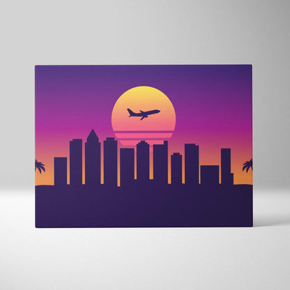 Vibrant retro-style canvas print of a vaporwave airplane sunset city skyline with purple orange gradient background