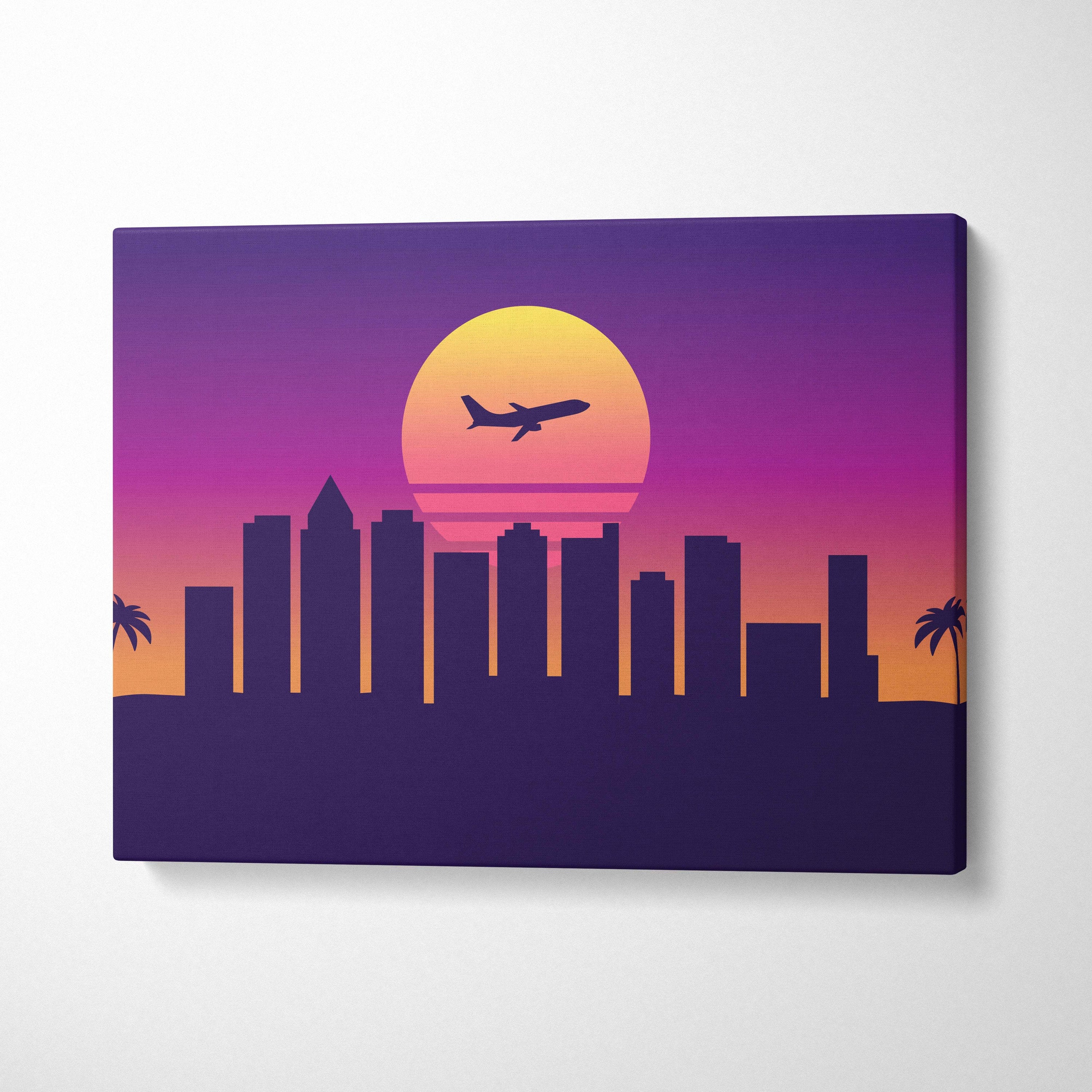Vibrant retro-style canvas print of silhouetted airplane over city skyline with purple orange synthwave sunset sky