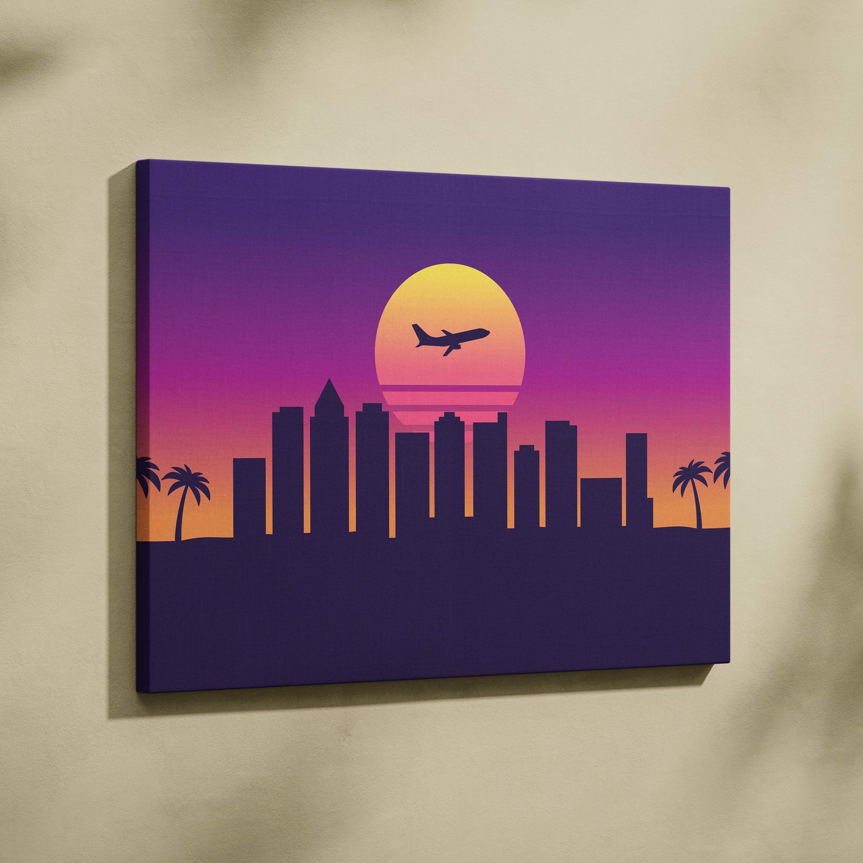 A retro-style canvas art print featuring a purple orange retrowave city skyline and airplane sunset wall decor