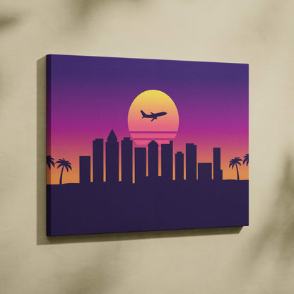 A retro-style canvas art print featuring a purple orange retrowave city skyline and airplane sunset wall decor
