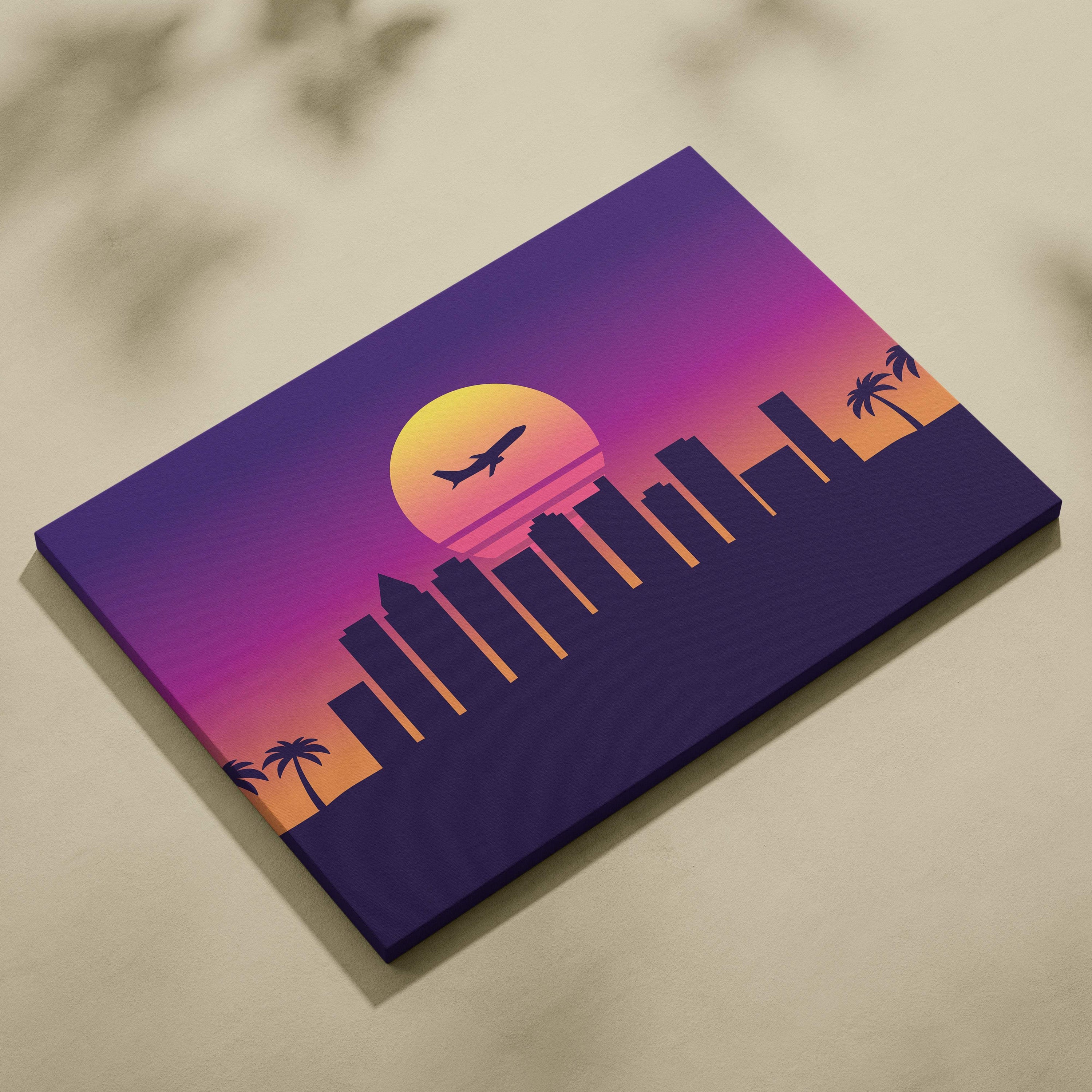 A vibrant retrowave city skyline canvas art print with purple orange gradient sunset airplane and palm trees wall decor