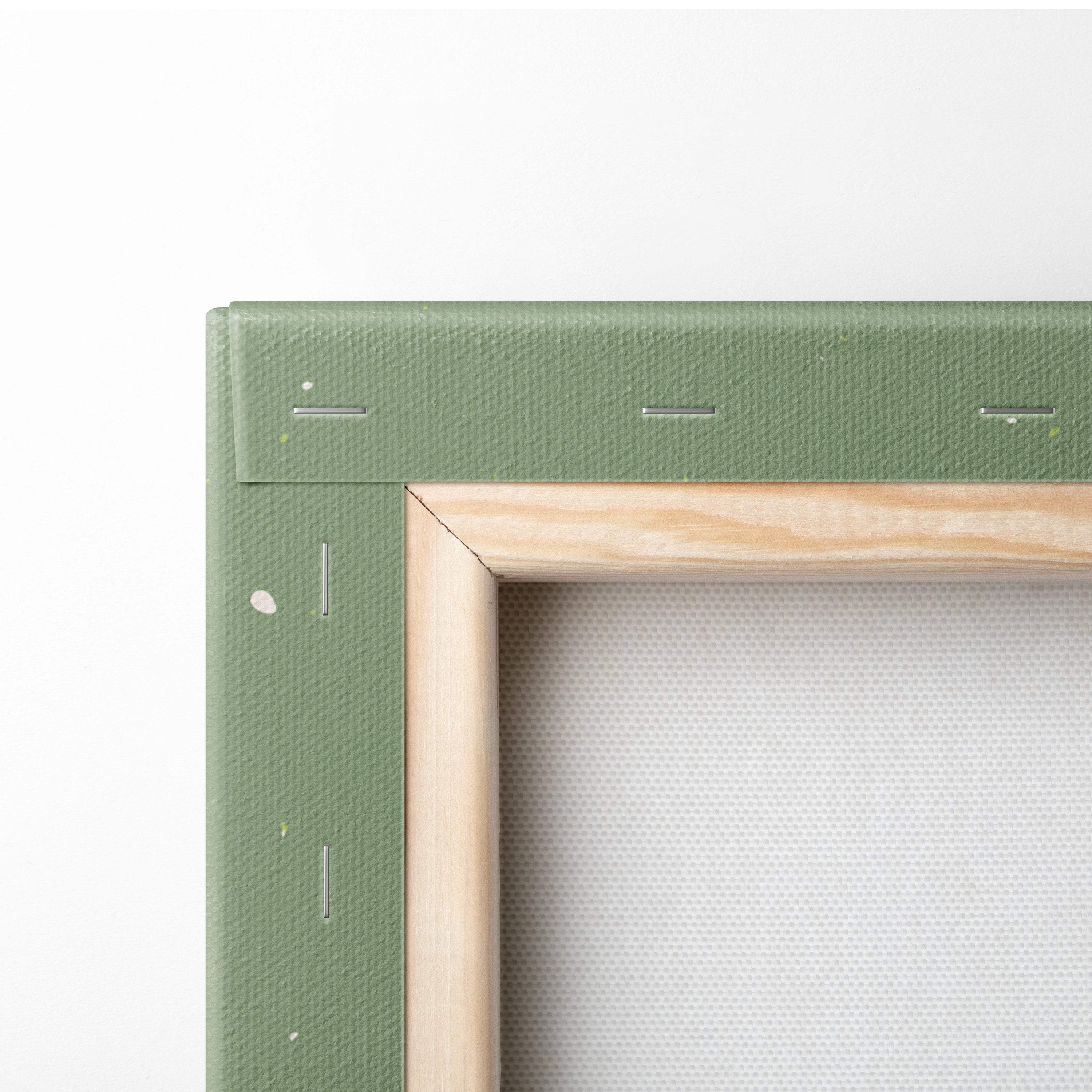 Olive green canvas frame with light wood border featuring contemporary writing hand art for modern office decor