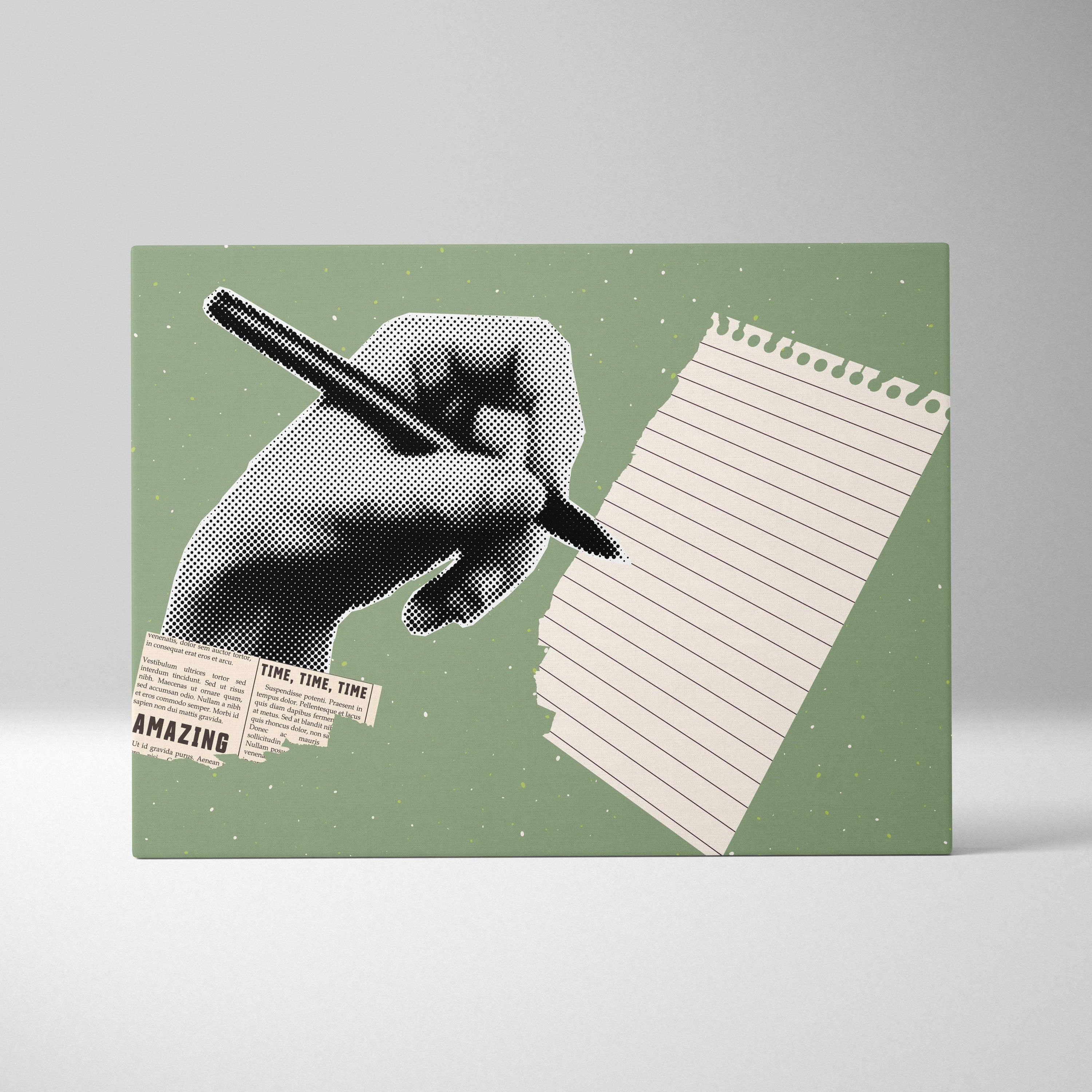 A stylized halftone hand holding a pen on a green background with torn paper and newspaper for contemporary writing art