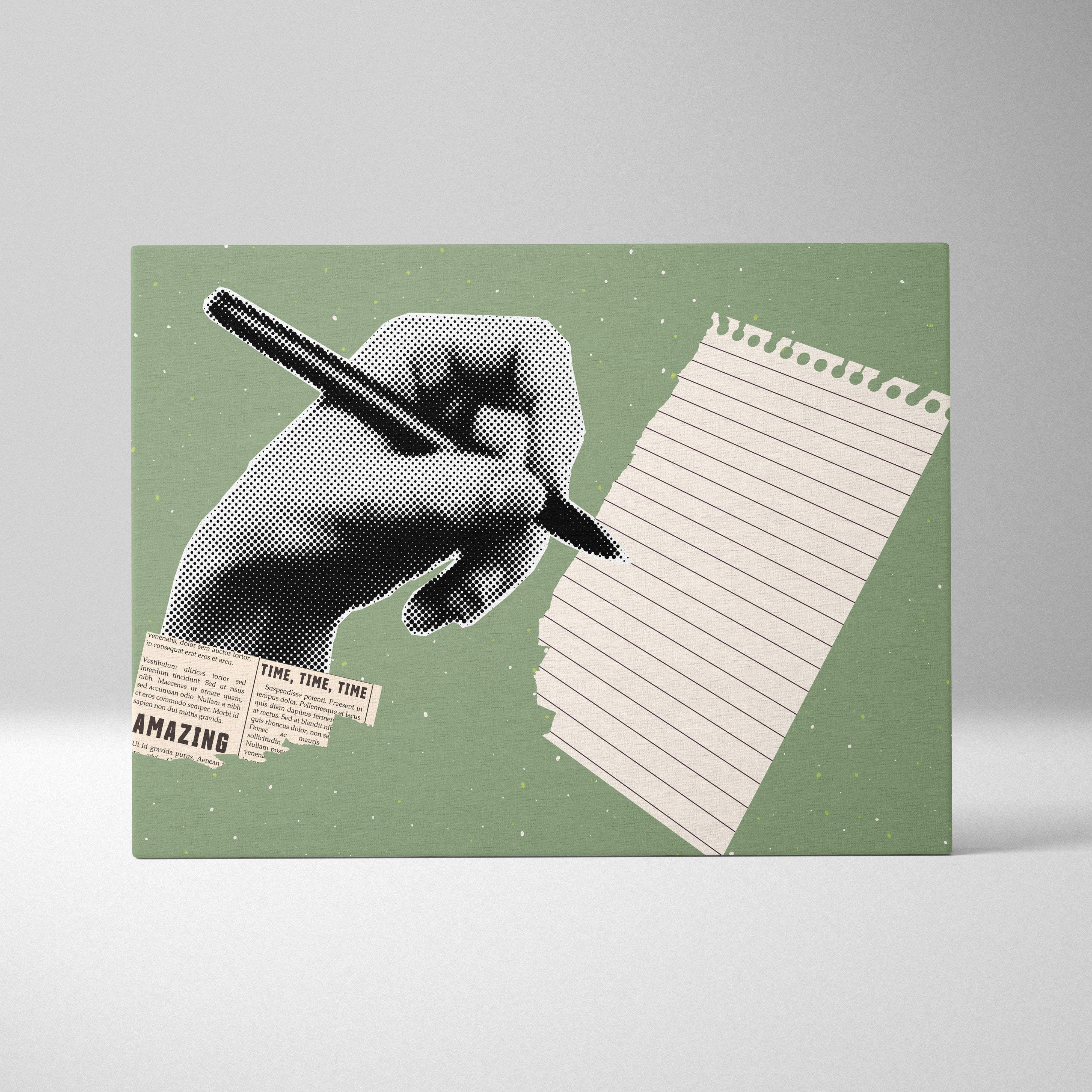 A stylized halftone hand holding a pen on a green background with torn paper and newspaper for contemporary writing art
