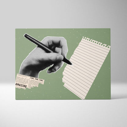 A stylized halftone hand holding a pen on a green background with torn paper and newspaper for contemporary writing art