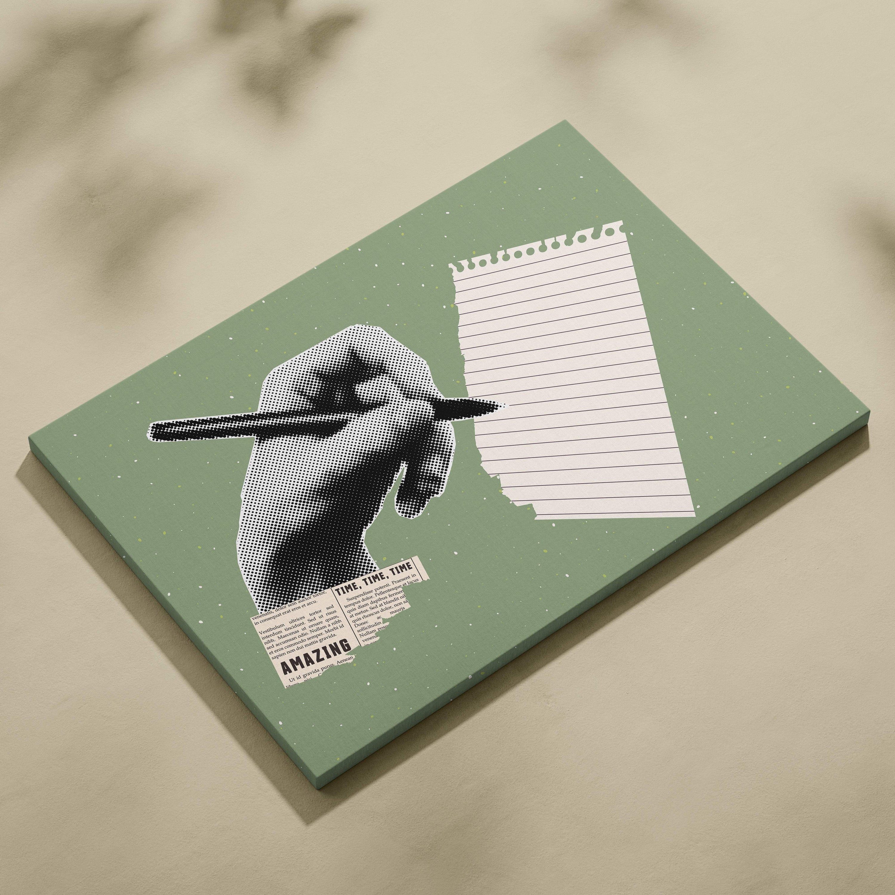Contemporary sage green canvas wall art with a halftone hand holding pen over notepad and newspaper collage