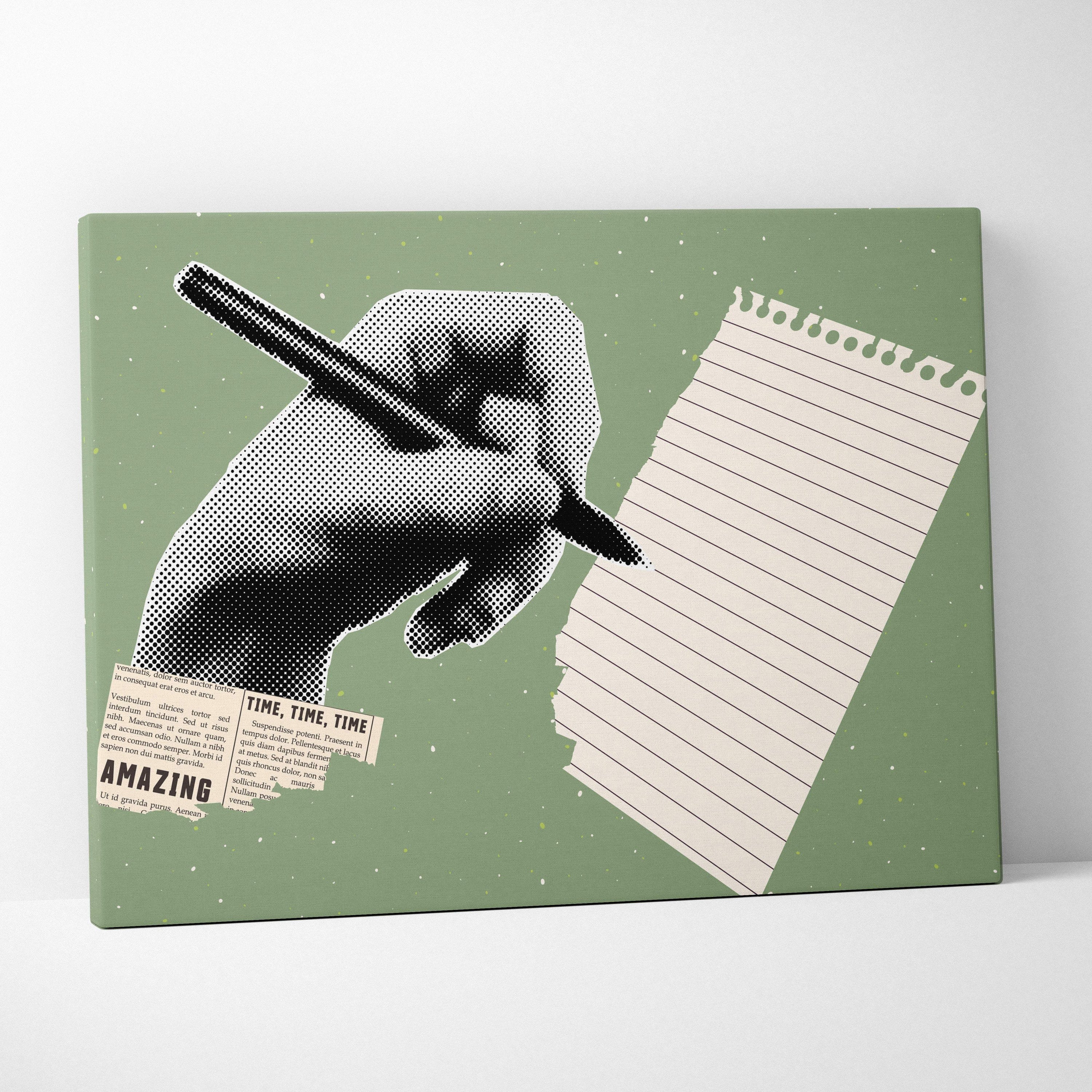 Olive green canvas wall art with black and white halftone hand writing on lined paper and scattered newspaper clippings