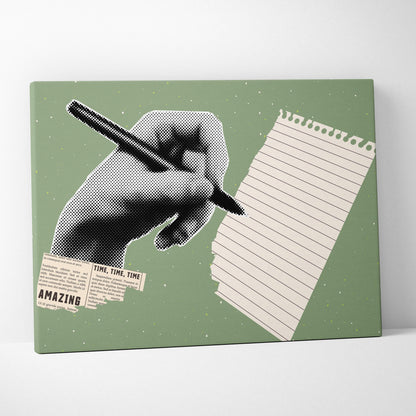 Olive green canvas wall art with black and white halftone hand writing on lined paper and scattered newspaper clippings