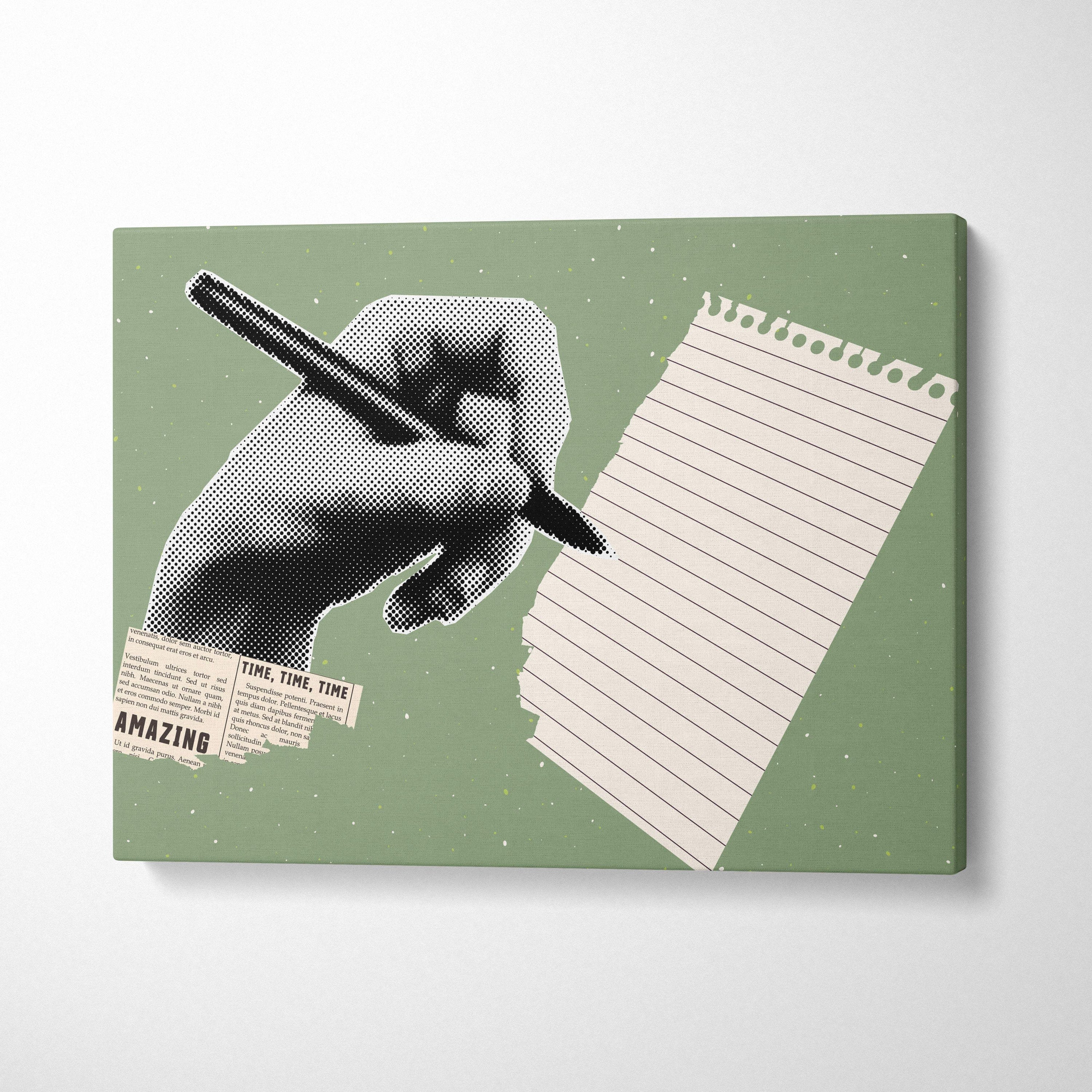 Contemporary writing hand canvas wall art with a black and white pen on lined notepad paper and sage green background