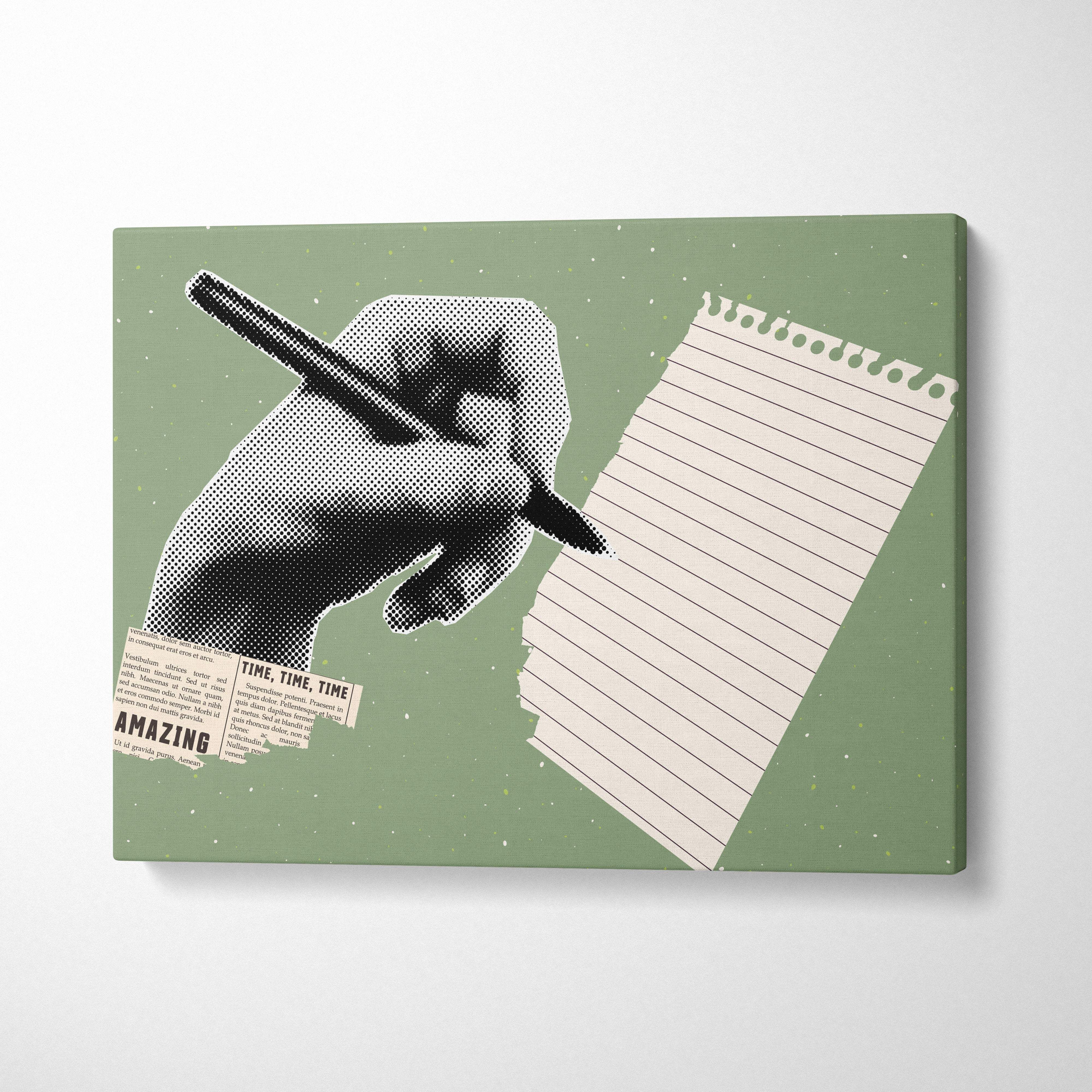 Contemporary writing hand canvas wall art with a black and white pen on lined notepad paper and sage green background