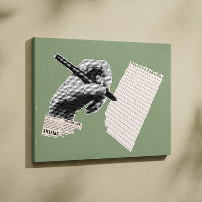 Mint green canvas wall art featuring halftone hand writing on lined paper with newspaper clippings for modern decor