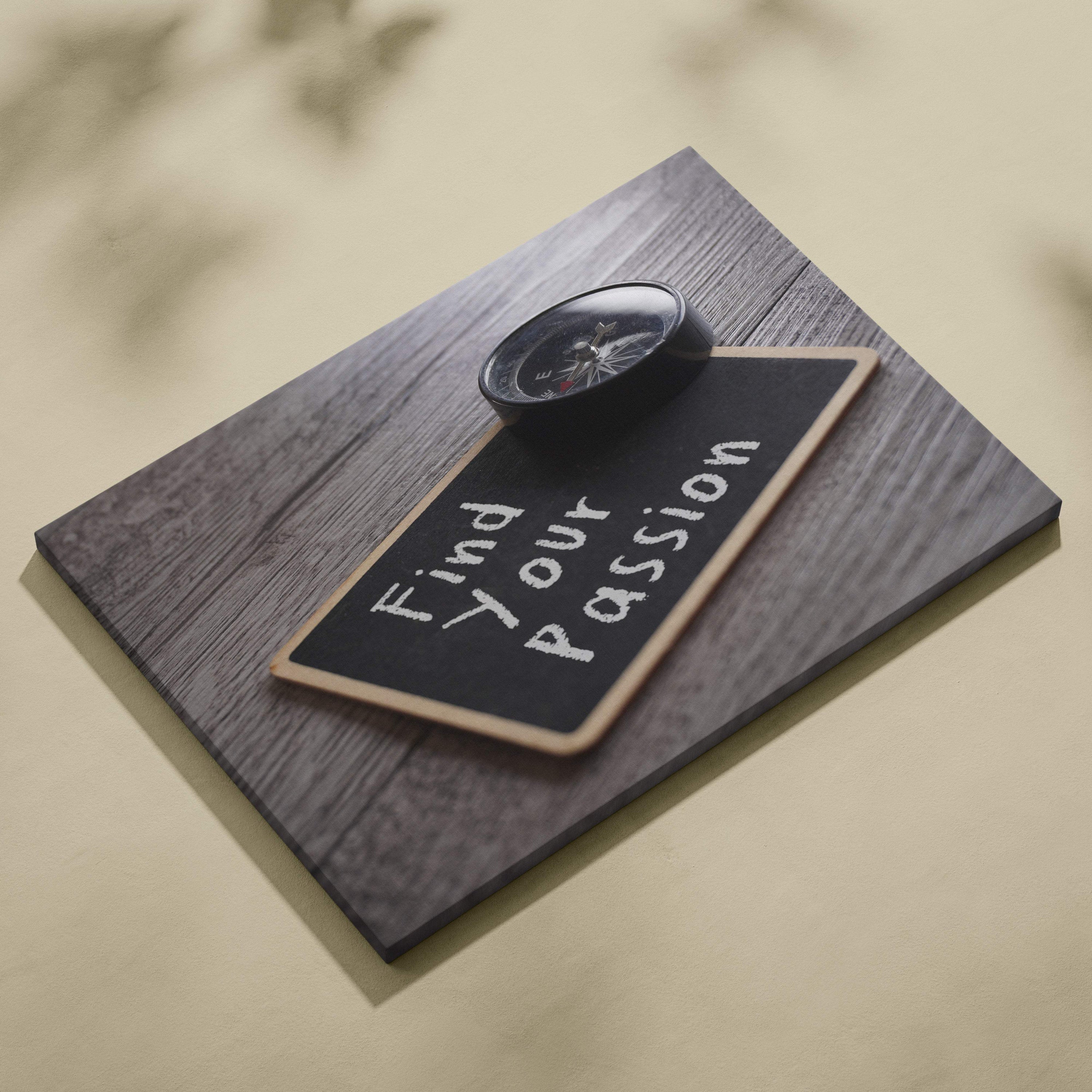 Find your passion motivational quote wall art print featuring a small black chalkboard with white chalk text and light wood frame