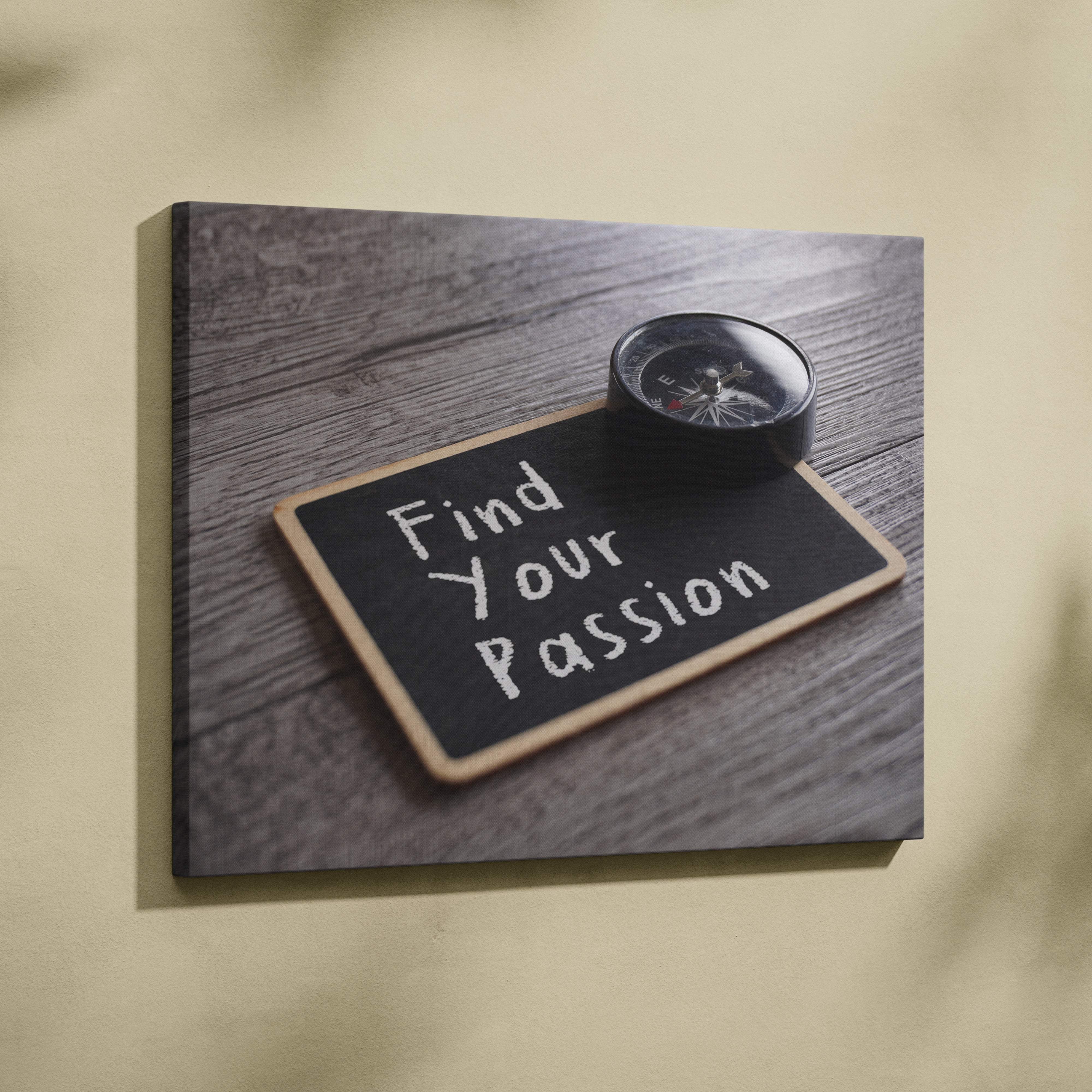 Find your passion motivational quote wall art print on black chalkboard with wooden frame and small black compass for office decor