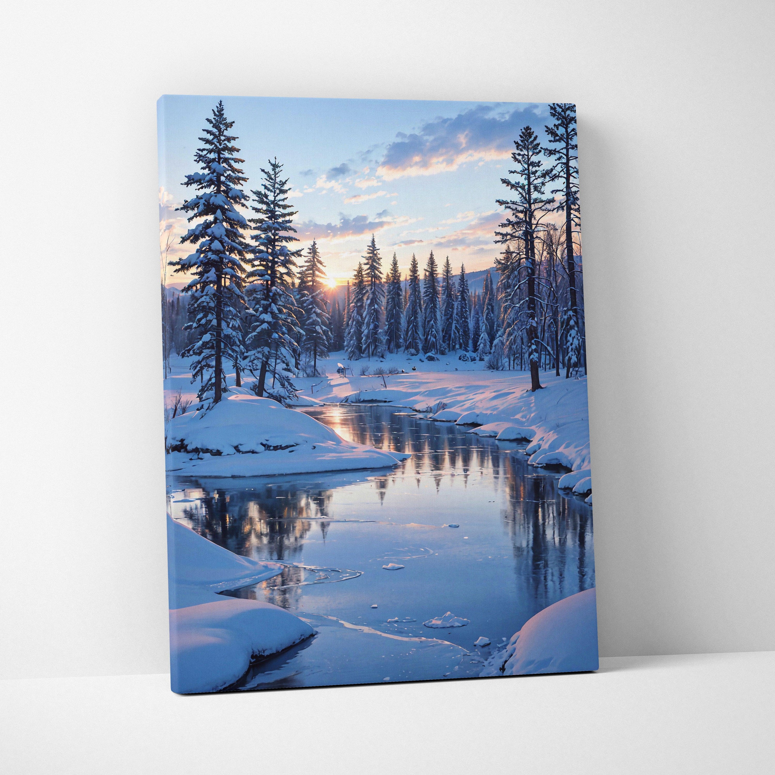 Snowy forest with tall pine trees and a reflective river at sunset canvas wall art print.