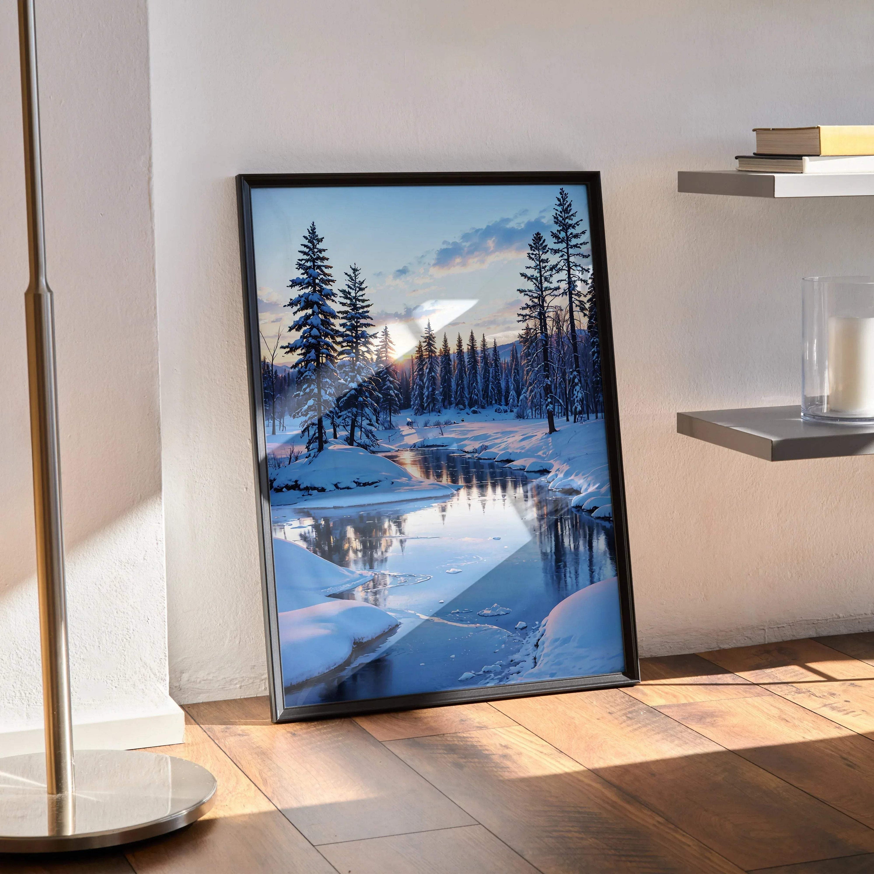 Snowy river landscape at sunset with pine trees in black frame wall art poster.