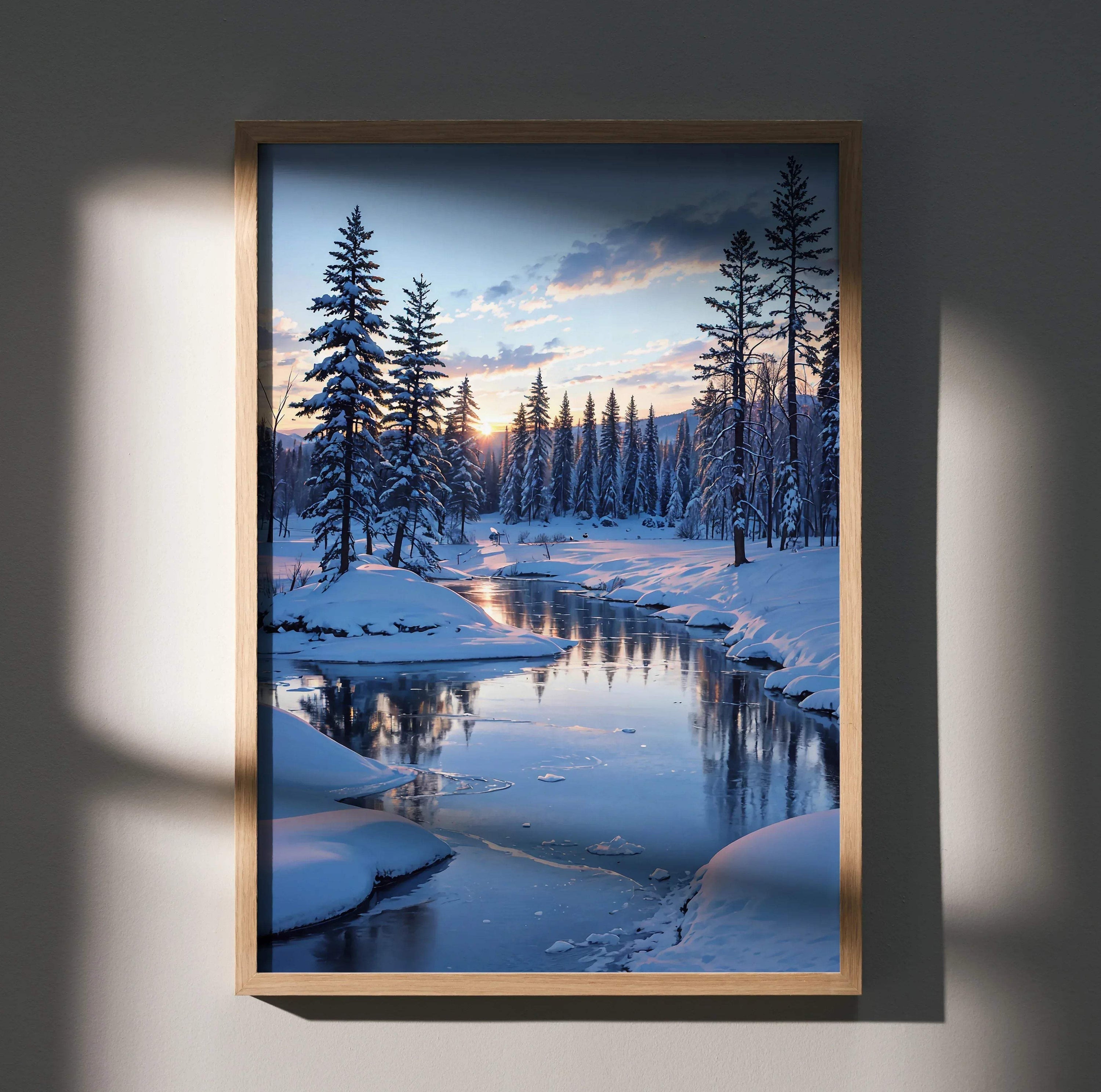 Vertical poster of snowy forest with a reflective river at sunset, serene wall art with winter nature scene.