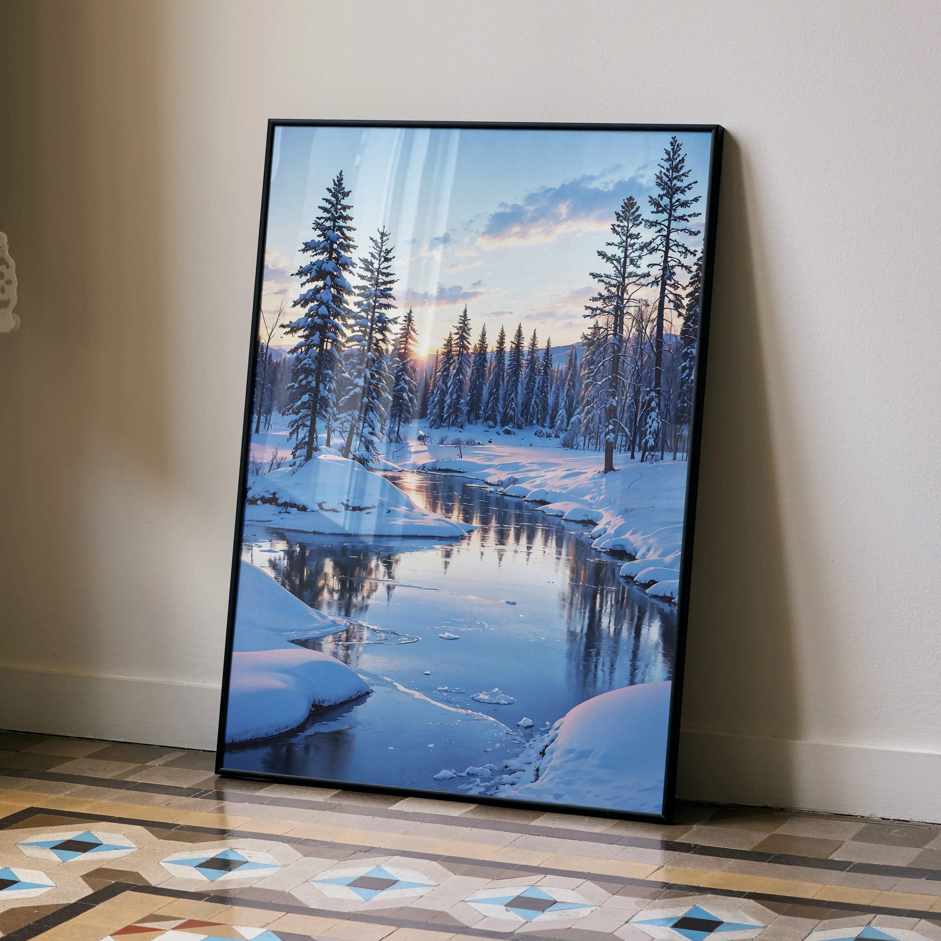 Snowy sunset landscape poster with a river and tall pine trees reflected in the water, vertical wall art.